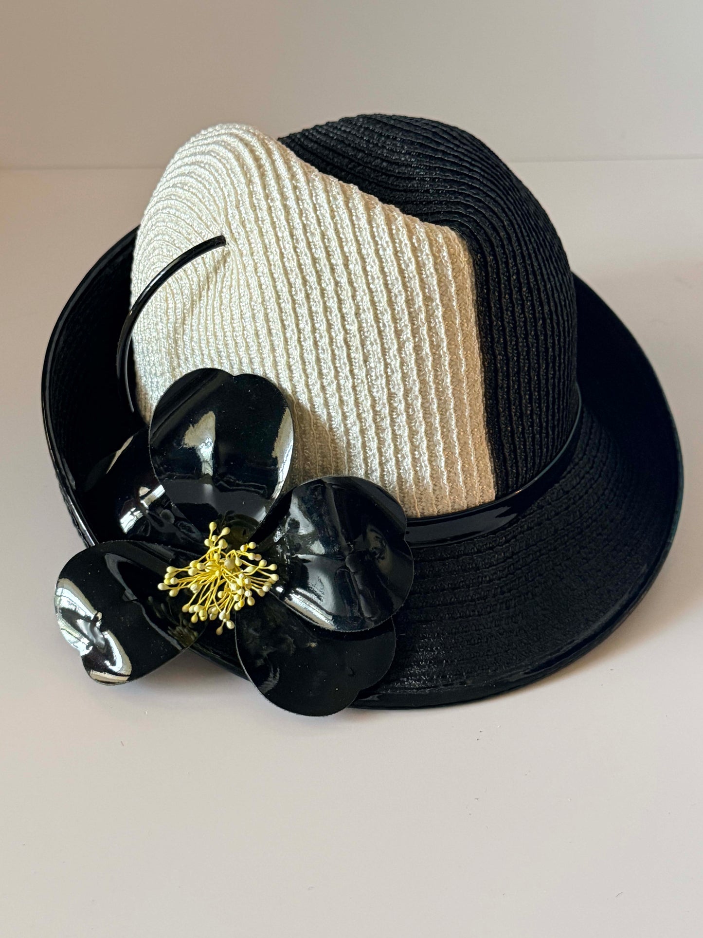 Vintage Mr. John Jr. Black White Straw Hat, Designer Cloche Hat, Floral Summer Hat, Wide Brim Dress Hat, Women's Vintage Millinery