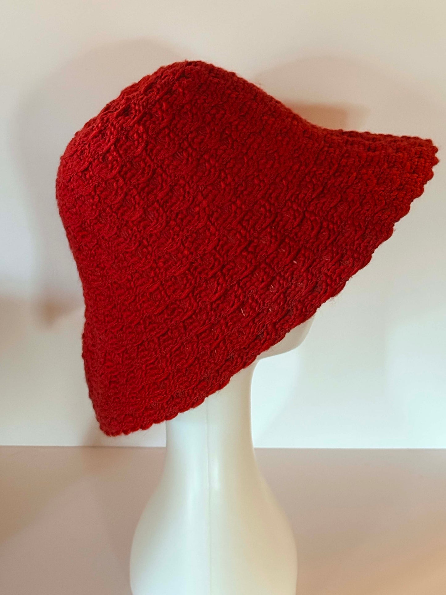 Vintage Dark Red Knit Bucket Hat – 1970s Soft Crochet Cloche Style with Wide Brim