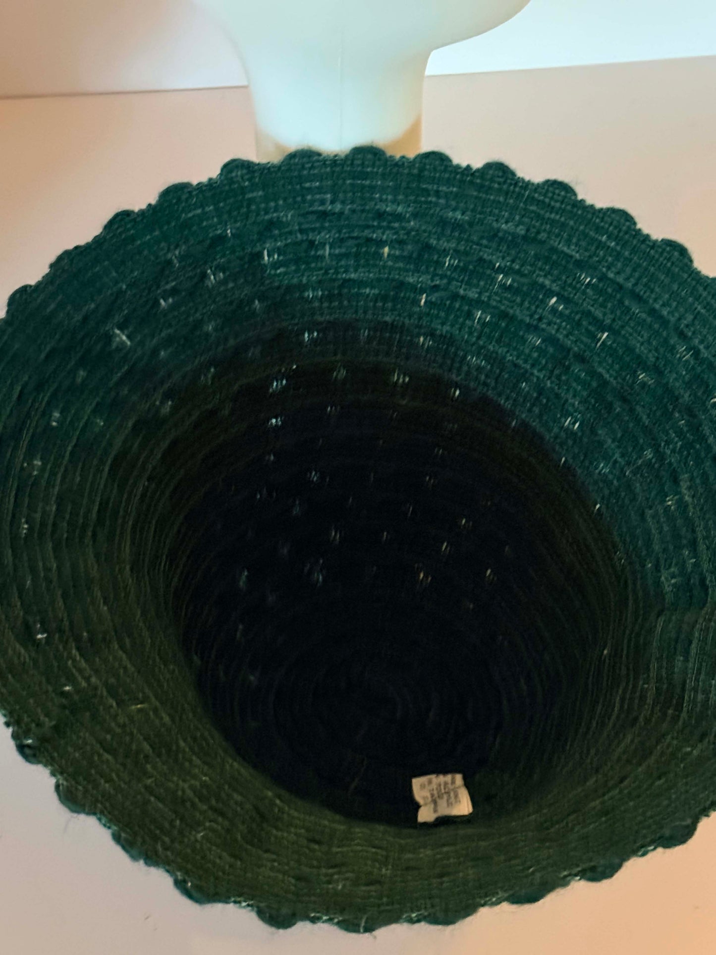 Vintage Forest Green Knit Bucket Hat – 1970s Soft Crochet Cloche Style with Wide Brim