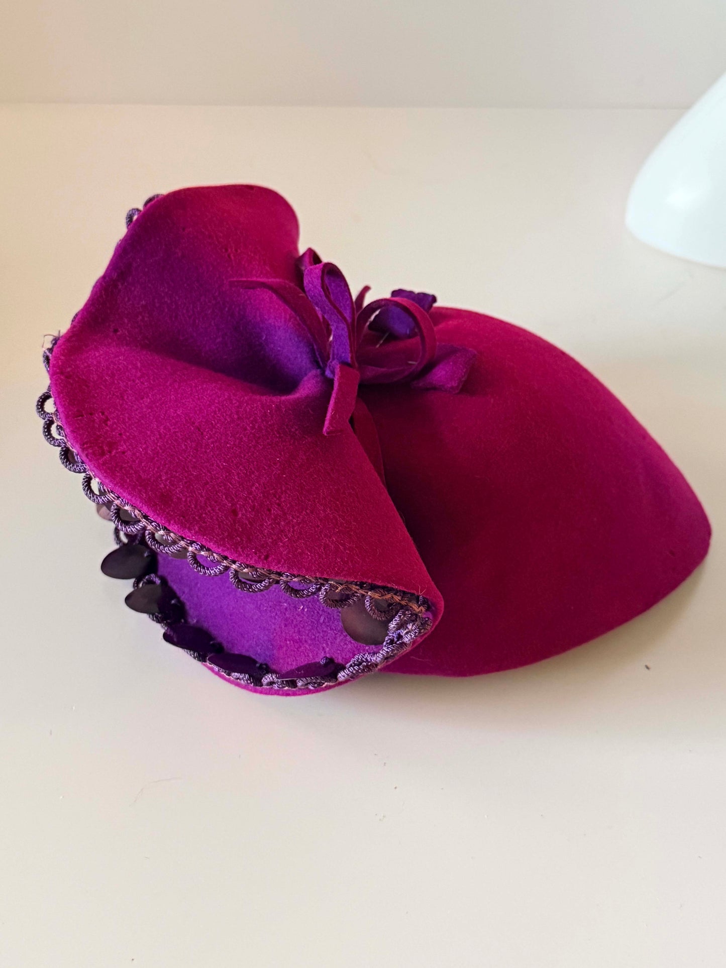 Vintage 1960s Grant Millinery St. Louis Plum Felt Percher Hat | Designer Wool Cocktail Hat | Mid Century Sculptural Fascinator | Women's Vintage Hat