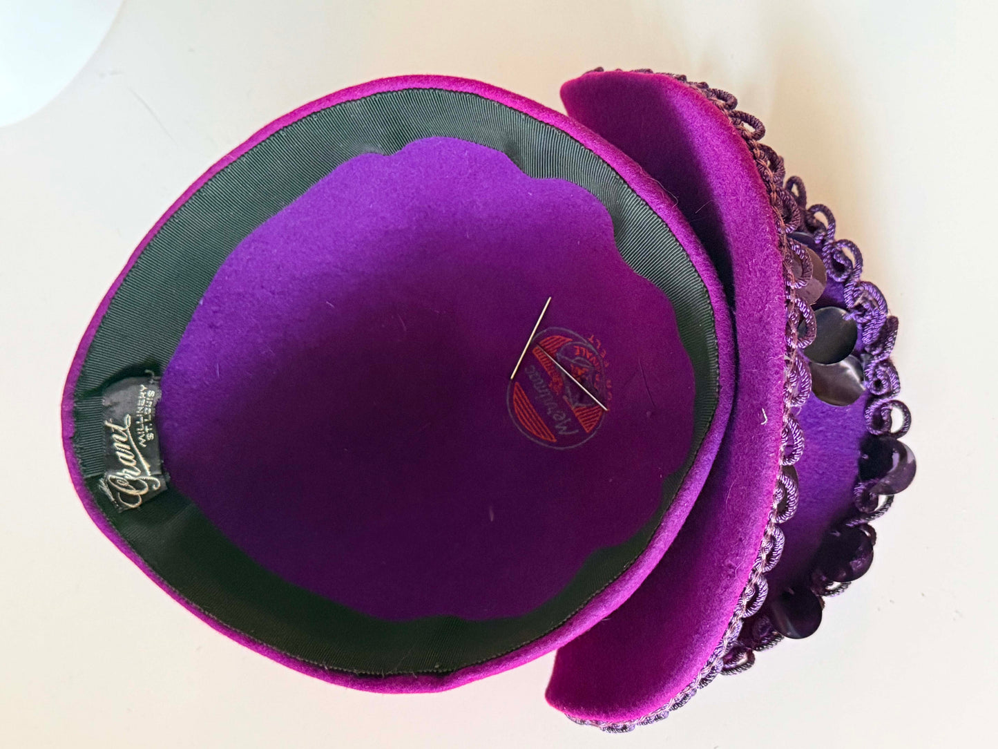 Vintage 1960s Grant Millinery St. Louis Plum Felt Percher Hat | Designer Wool Cocktail Hat | Mid Century Sculptural Fascinator | Women's Vintage Hat