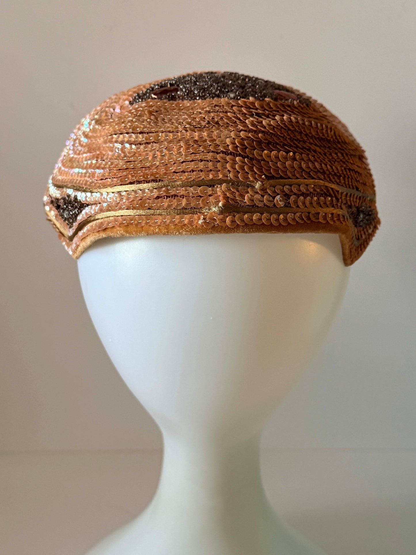 Vintage Valerie Modes Hat, 1960s Sequined Pillbox Hat, Beaded Cocktail Hat, Peach Pink Evening Hat, Formal Vintage Hat, Mid Century Millinery