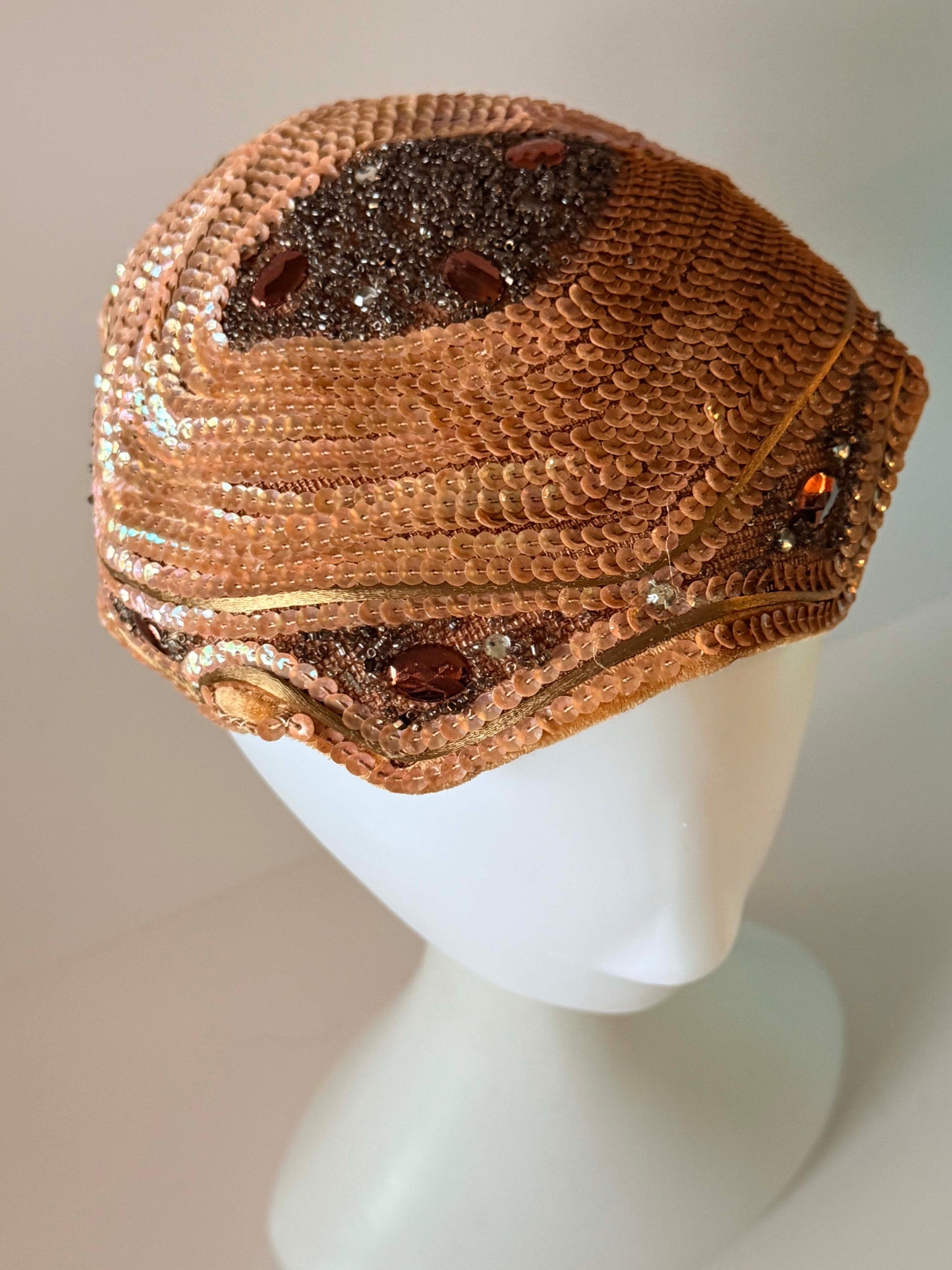 Vintage Valerie Modes Hat, 1960s Sequined Pillbox Hat, Beaded Cocktail Hat, Peach Pink Evening Hat, Formal Vintage Hat, Mid Century Millinery