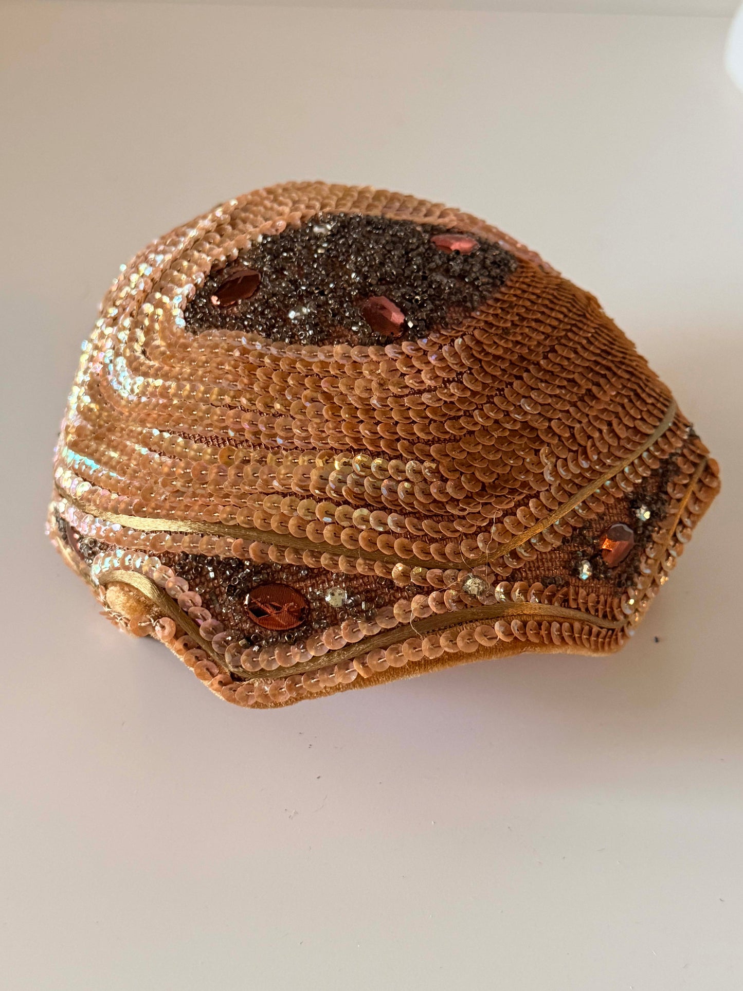 Vintage Valerie Modes Hat, 1960s Sequined Pillbox Hat, Beaded Cocktail Hat, Peach Pink Evening Hat, Formal Vintage Hat, Mid Century Millinery