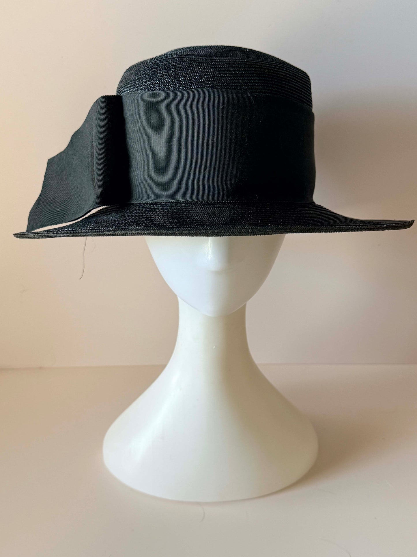 Vintage Black Wide Brim Straw Hat | 1950s 1960s Picture Hat | Black Grosgrain Ribbon Hat | Classic Formal Millinery