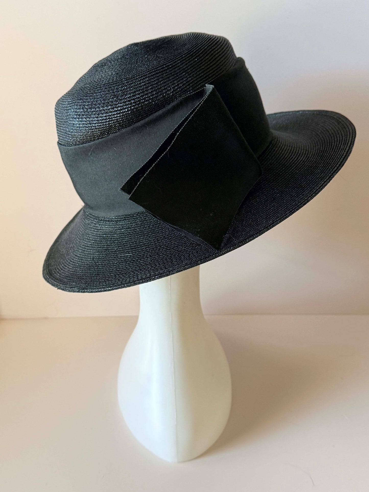 Vintage Black Wide Brim Straw Hat | 1950s 1960s Picture Hat | Black Grosgrain Ribbon Hat | Classic Formal Millinery