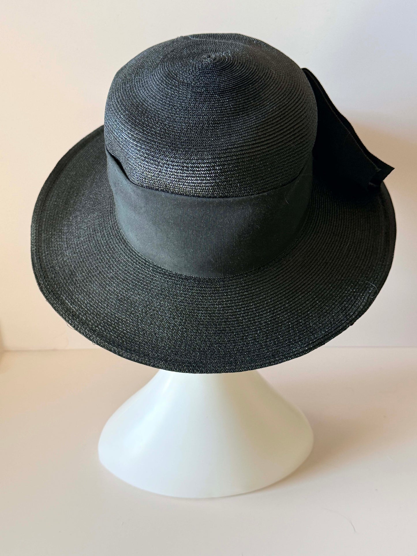 Vintage Black Wide Brim Straw Hat | 1950s 1960s Picture Hat | Black Grosgrain Ribbon Hat | Classic Formal Millinery