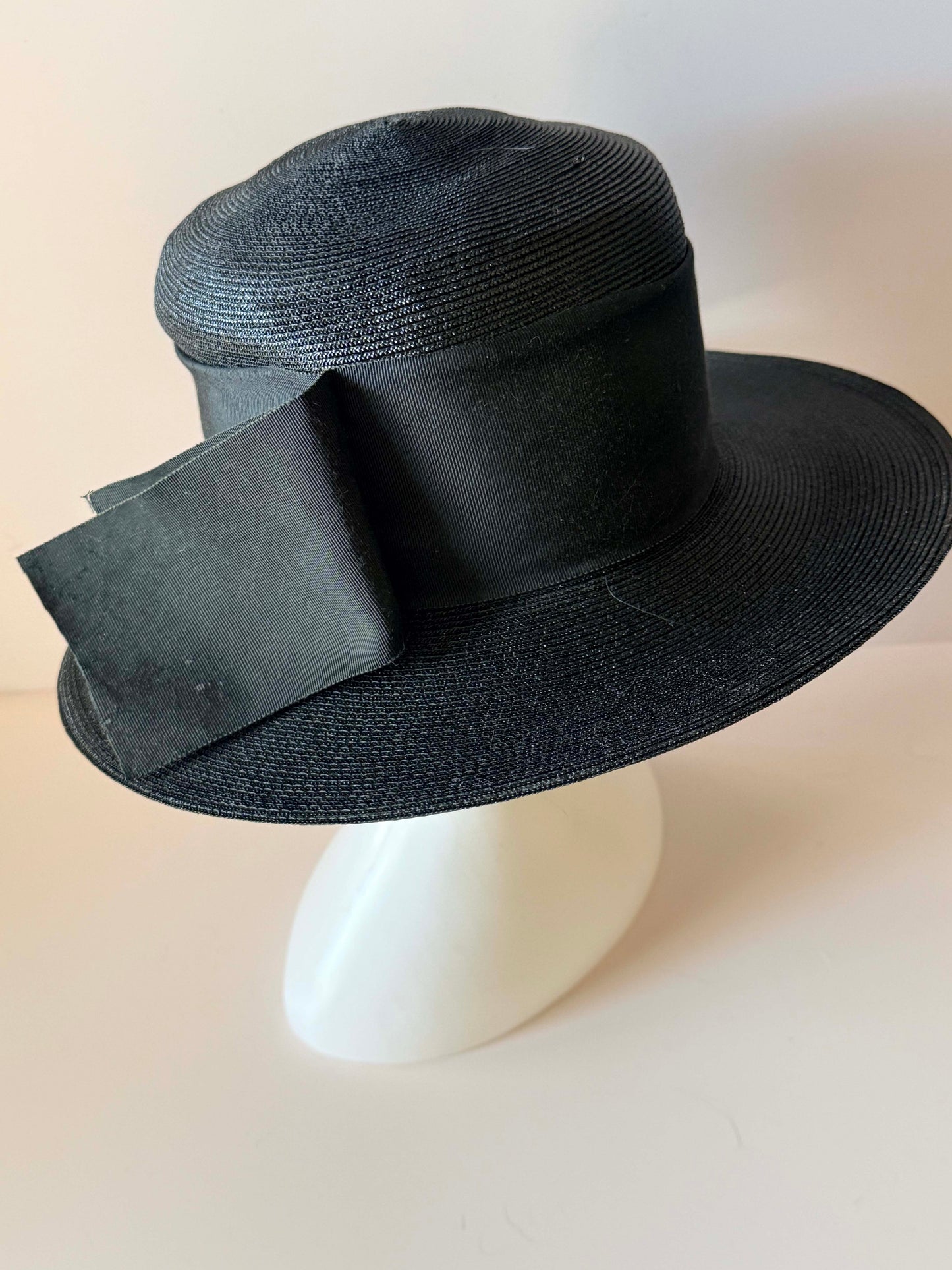 Vintage Black Wide Brim Straw Hat | 1950s 1960s Picture Hat | Black Grosgrain Ribbon Hat | Classic Formal Millinery