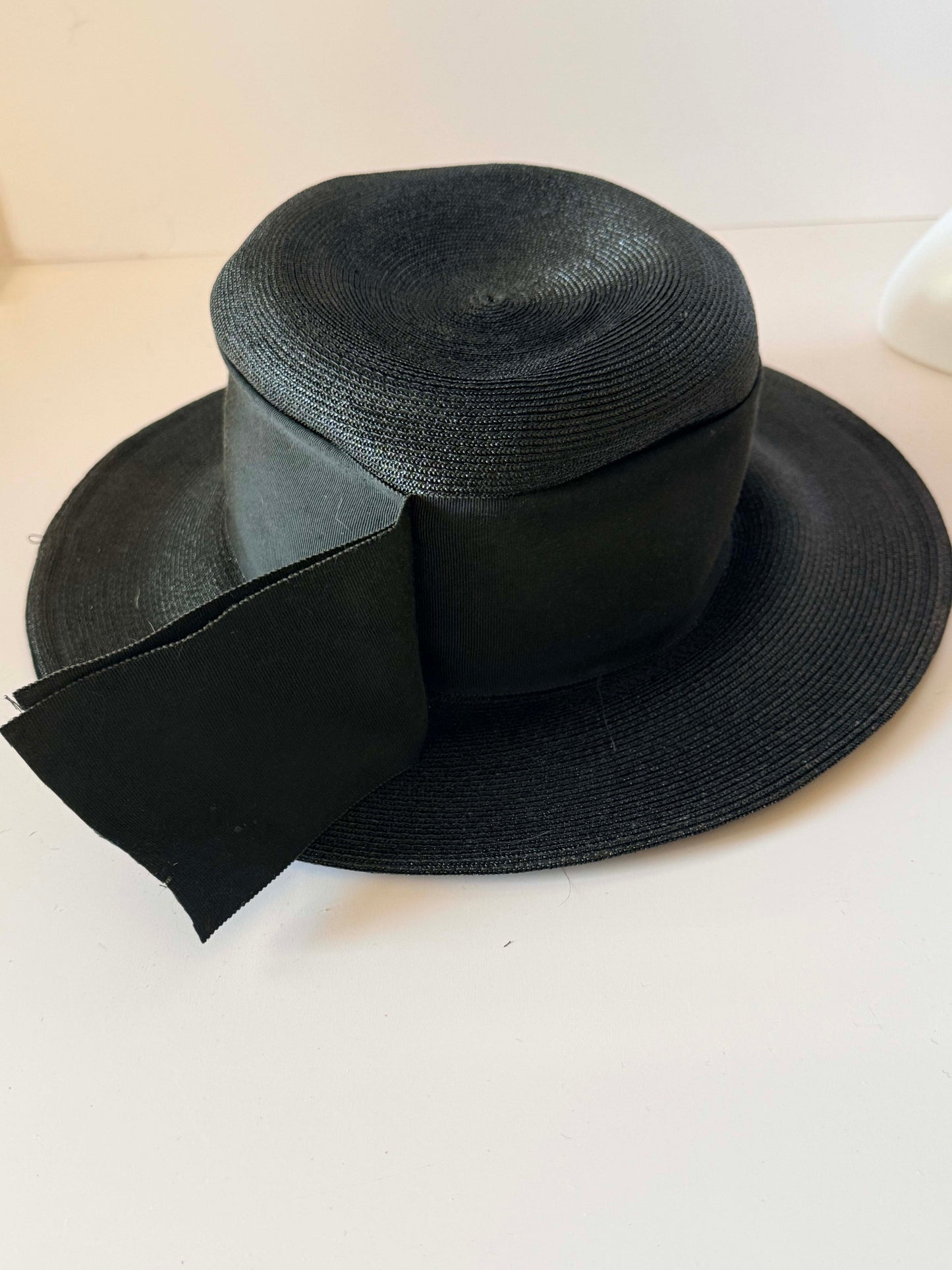 Vintage Black Wide Brim Straw Hat | 1950s 1960s Picture Hat | Black Grosgrain Ribbon Hat | Classic Formal Millinery