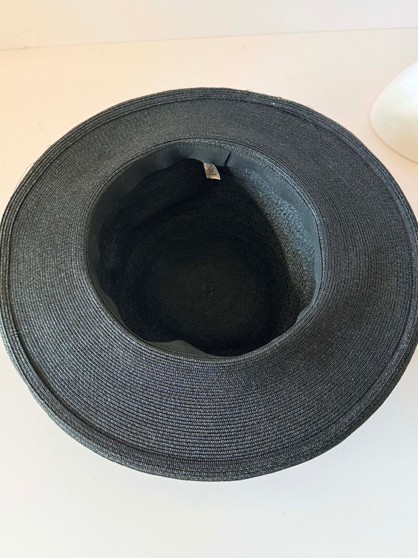 Vintage Black Wide Brim Straw Hat | 1950s 1960s Picture Hat | Black Grosgrain Ribbon Hat | Classic Formal Millinery