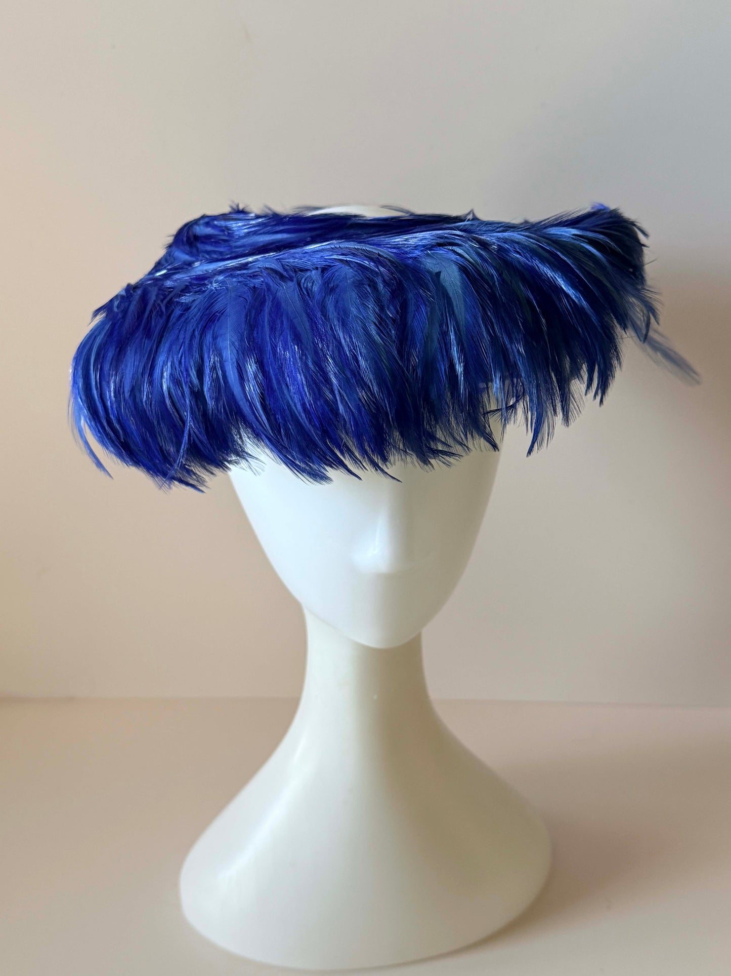 Vintage Electric Blue Feather Halo Hat | Mid Century Feather Fascinator | Sculptural Cocktail Hat | Women's Statement Millinery