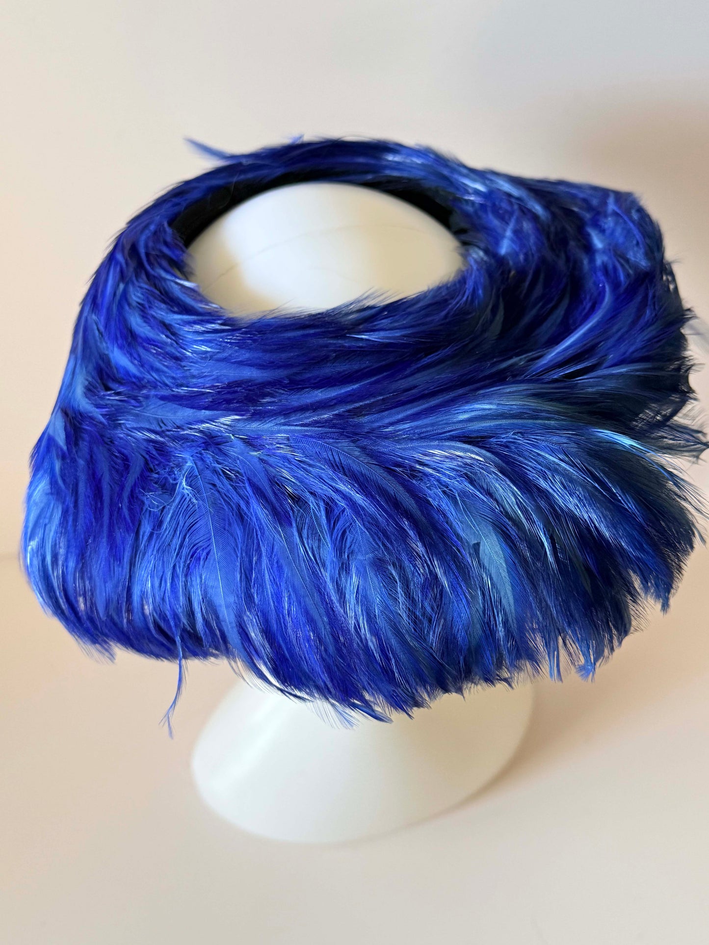 Vintage Electric Blue Feather Halo Hat | Mid Century Feather Fascinator | Sculptural Cocktail Hat | Women's Statement Millinery