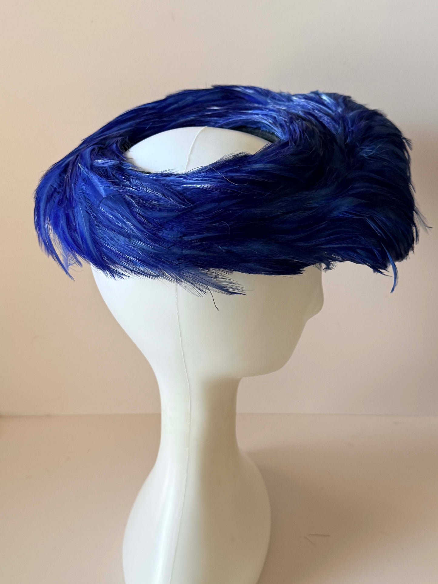 Vintage Electric Blue Feather Halo Hat | Mid Century Feather Fascinator | Sculptural Cocktail Hat | Women's Statement Millinery