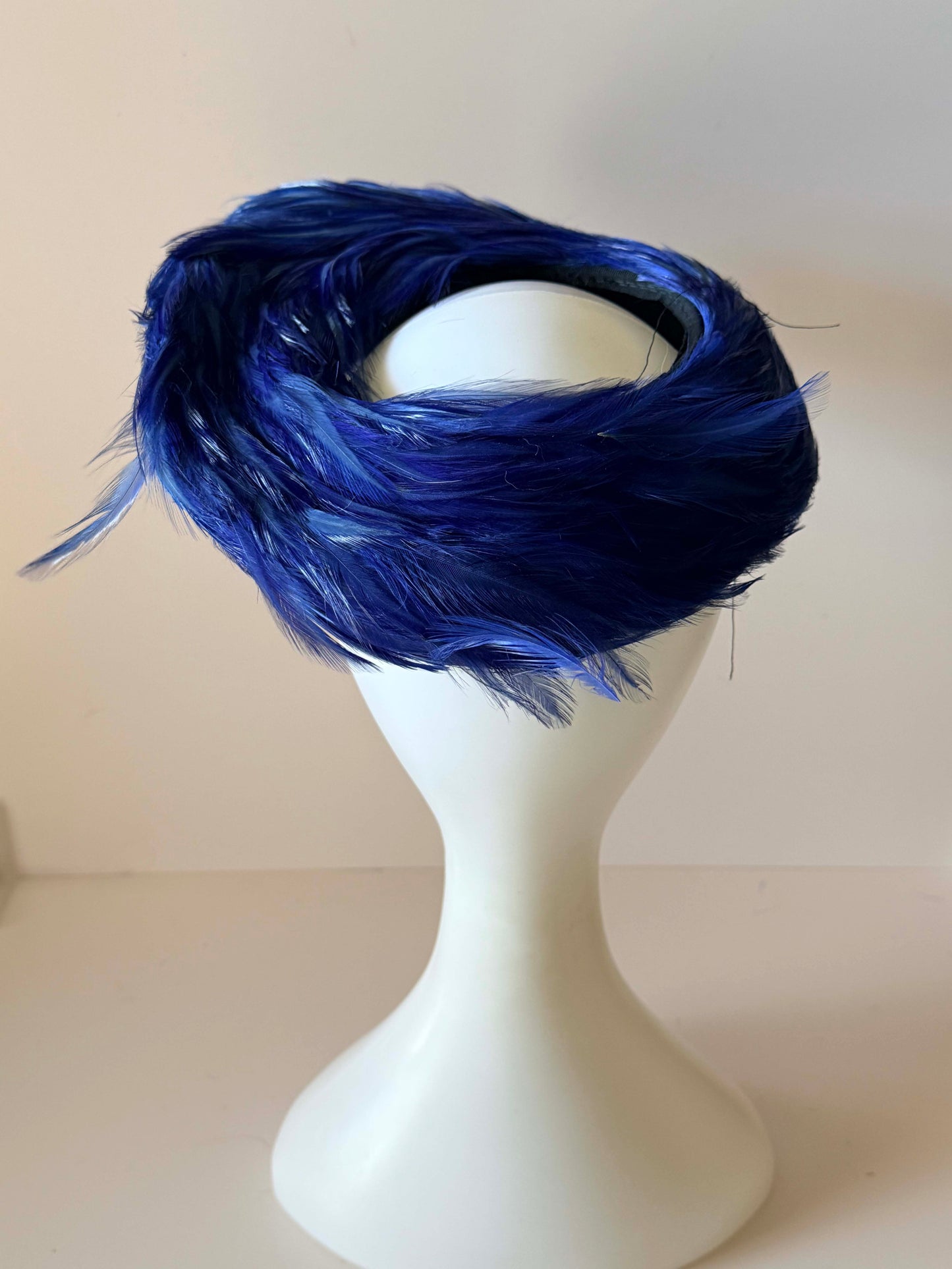 Vintage Electric Blue Feather Halo Hat | Mid Century Feather Fascinator | Sculptural Cocktail Hat | Women's Statement Millinery
