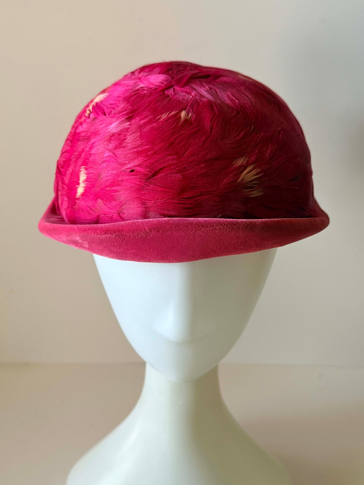 Vintage Christine Original New York Feather Cocktail Hat | 1950s Raspberry Feather Tilt Hat | Designer Park Avenue Millinery | Women's Vintage Ha