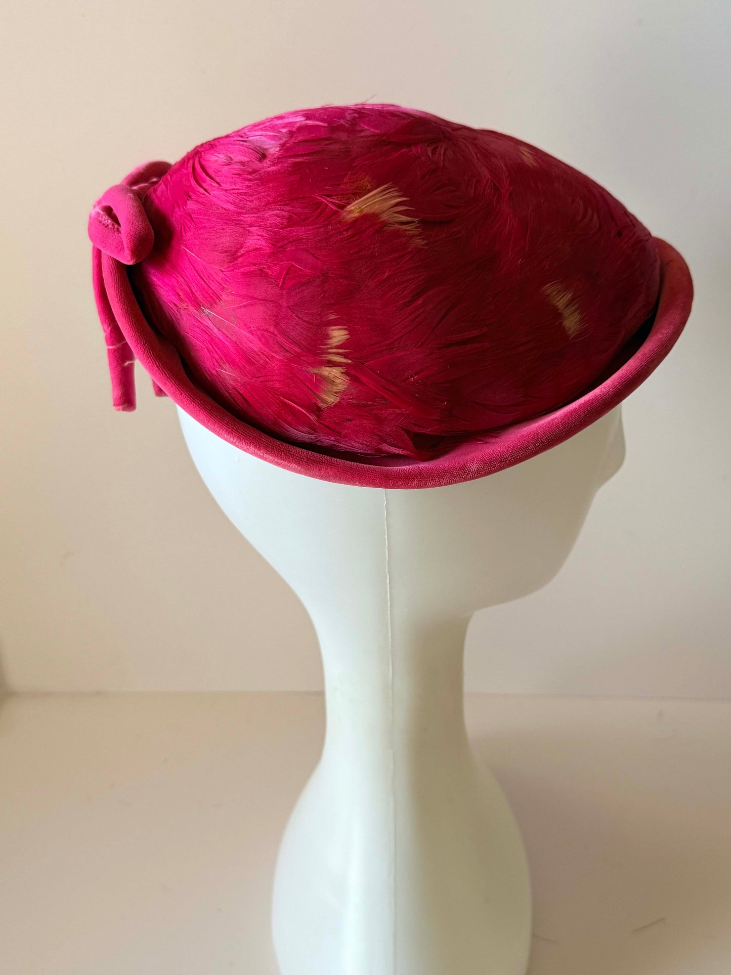 Vintage Christine Original New York Feather Cocktail Hat | 1950s Raspberry Feather Tilt Hat | Designer Park Avenue Millinery | Women's Vintage Ha