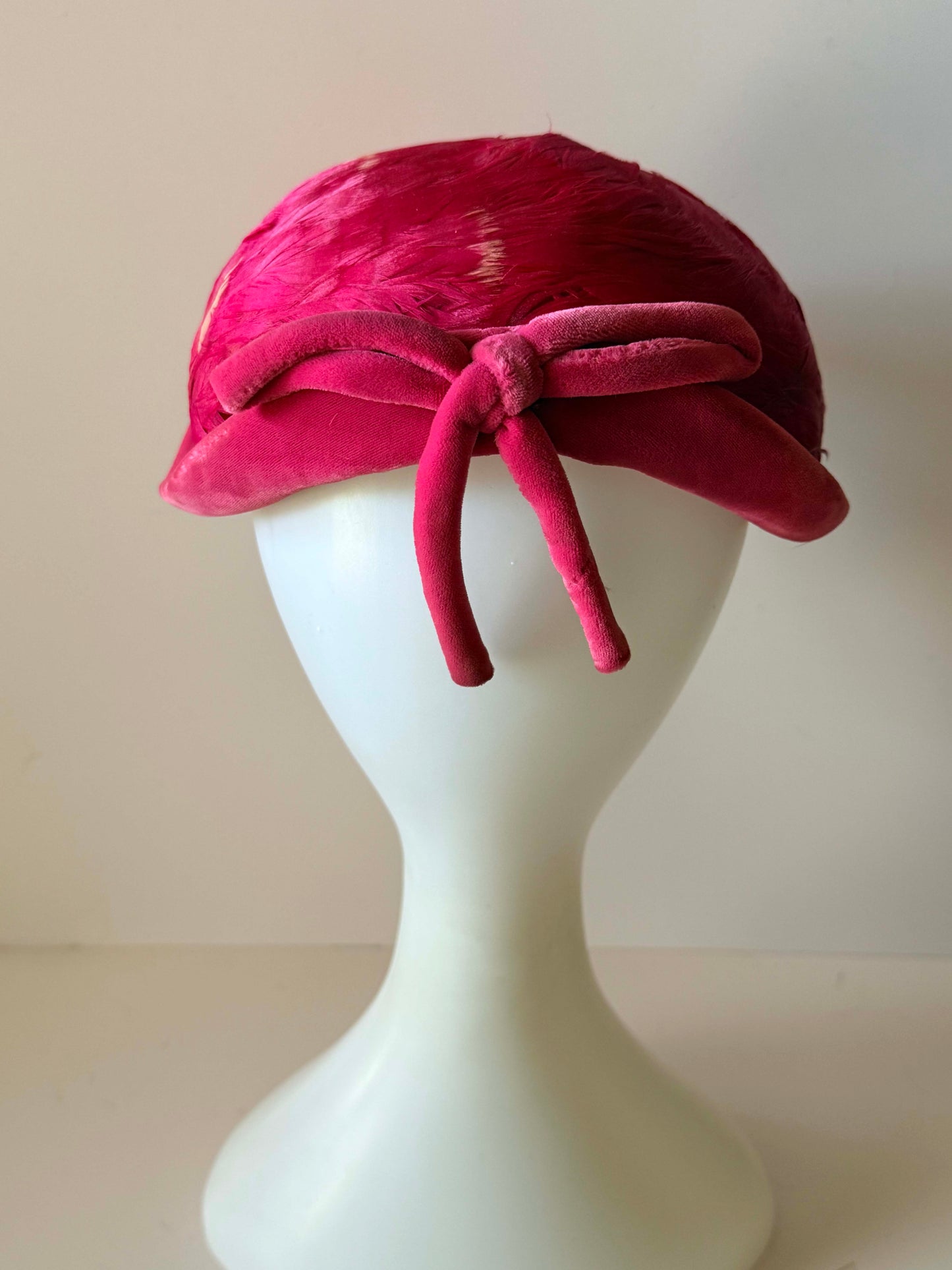 Vintage Christine Original New York Feather Cocktail Hat | 1950s Raspberry Feather Tilt Hat | Designer Park Avenue Millinery | Women's Vintage Ha