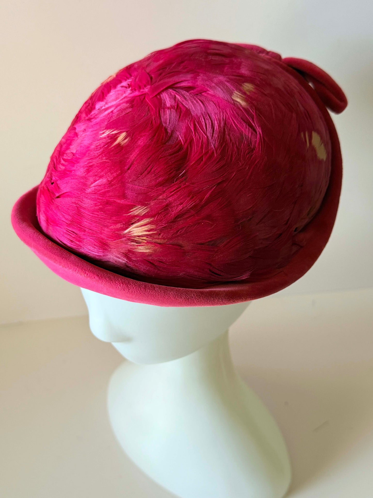 Vintage Christine Original New York Feather Cocktail Hat | 1950s Raspberry Feather Tilt Hat | Designer Park Avenue Millinery | Women's Vintage Ha