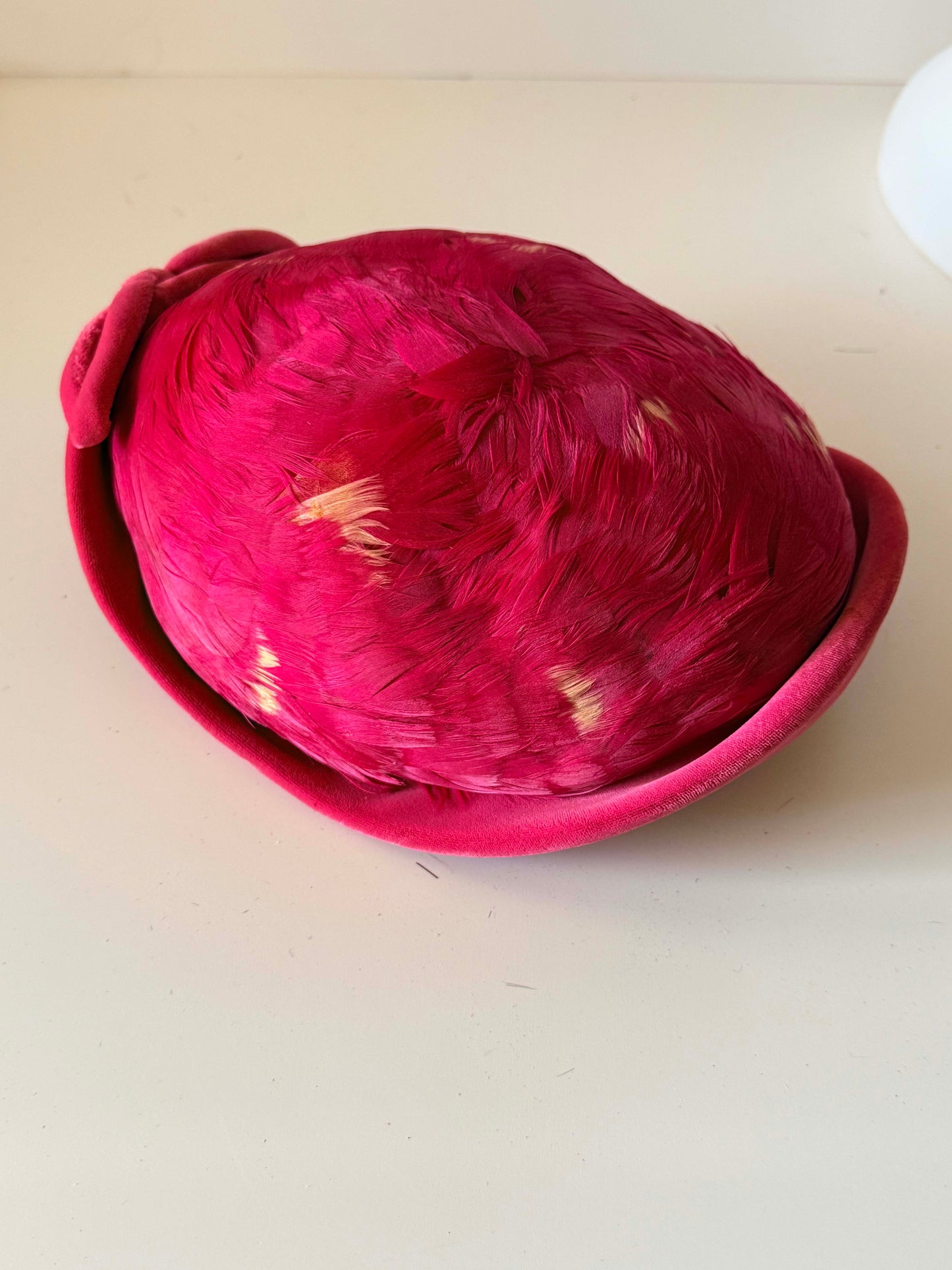Vintage Christine Original New York Feather Cocktail Hat | 1950s Raspberry Feather Tilt Hat | Designer Park Avenue Millinery | Women's Vintage Ha