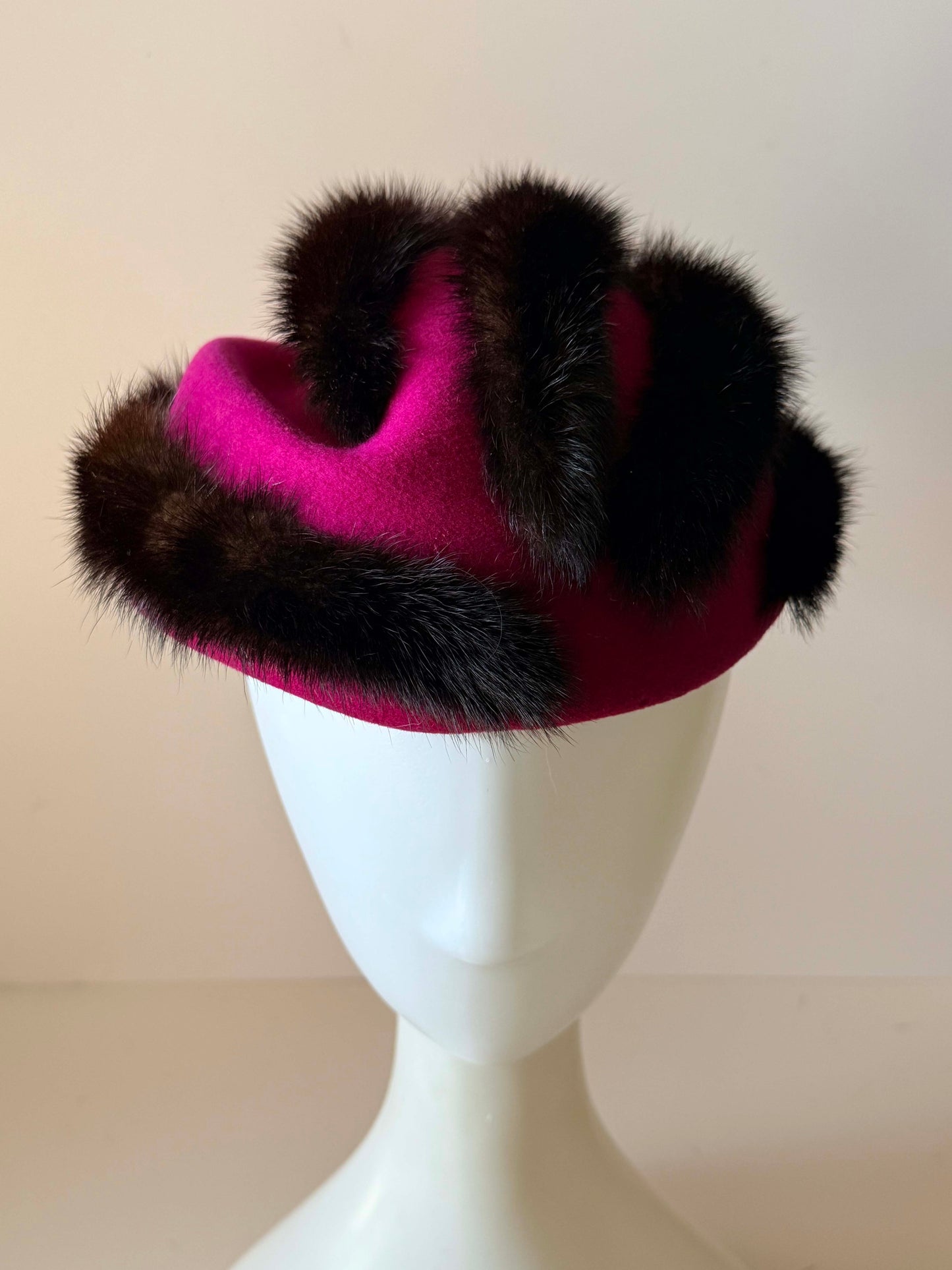 Vintage Mr. John Classic Mink Fur Hat | 1960s Fuchsia Wool Felt Cocktail Hat | Designer Tilt Hat | Luxury Vintage Millinery