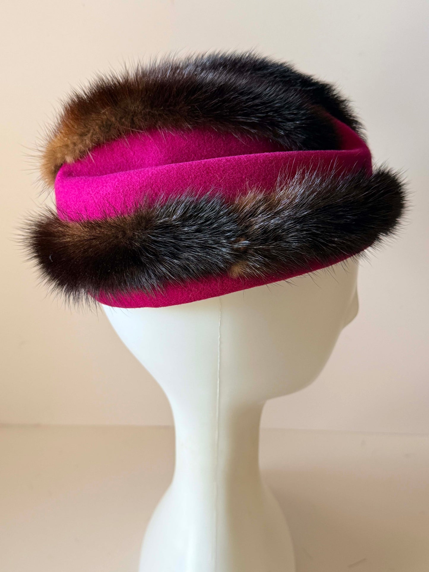 Vintage Mr. John Classic Mink Fur Hat | 1960s Fuchsia Wool Felt Cocktail Hat | Designer Tilt Hat | Luxury Vintage Millinery