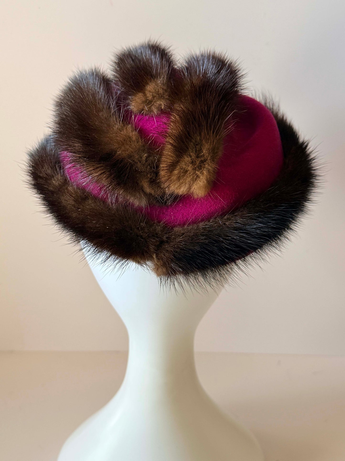 Vintage Mr. John Classic Mink Fur Hat | 1960s Fuchsia Wool Felt Cocktail Hat | Designer Tilt Hat | Luxury Vintage Millinery