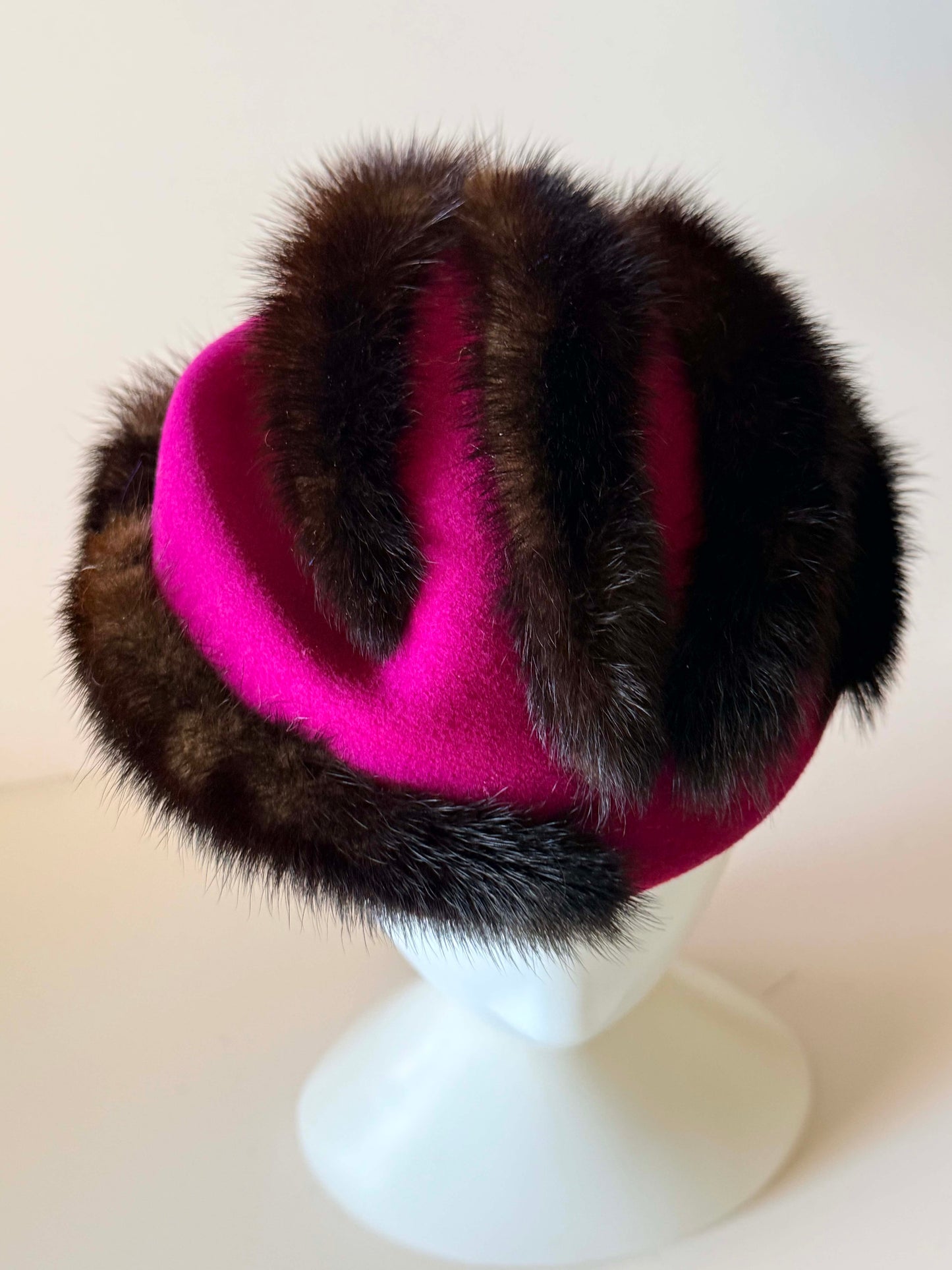 Vintage Mr. John Classic Mink Fur Hat | 1960s Fuchsia Wool Felt Cocktail Hat | Designer Tilt Hat | Luxury Vintage Millinery