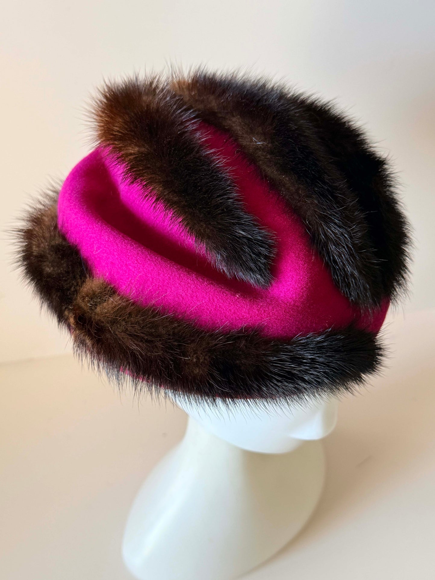 Vintage Mr. John Classic Mink Fur Hat | 1960s Fuchsia Wool Felt Cocktail Hat | Designer Tilt Hat | Luxury Vintage Millinery