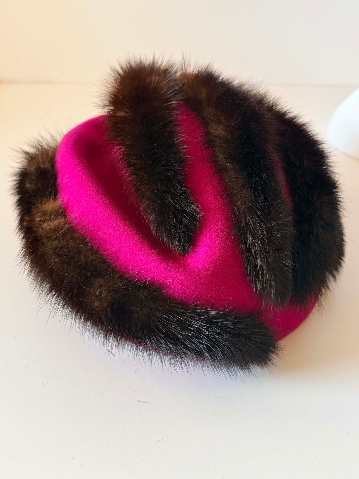 Vintage Mr. John Classic Mink Fur Hat | 1960s Fuchsia Wool Felt Cocktail Hat | Designer Tilt Hat | Luxury Vintage Millinery