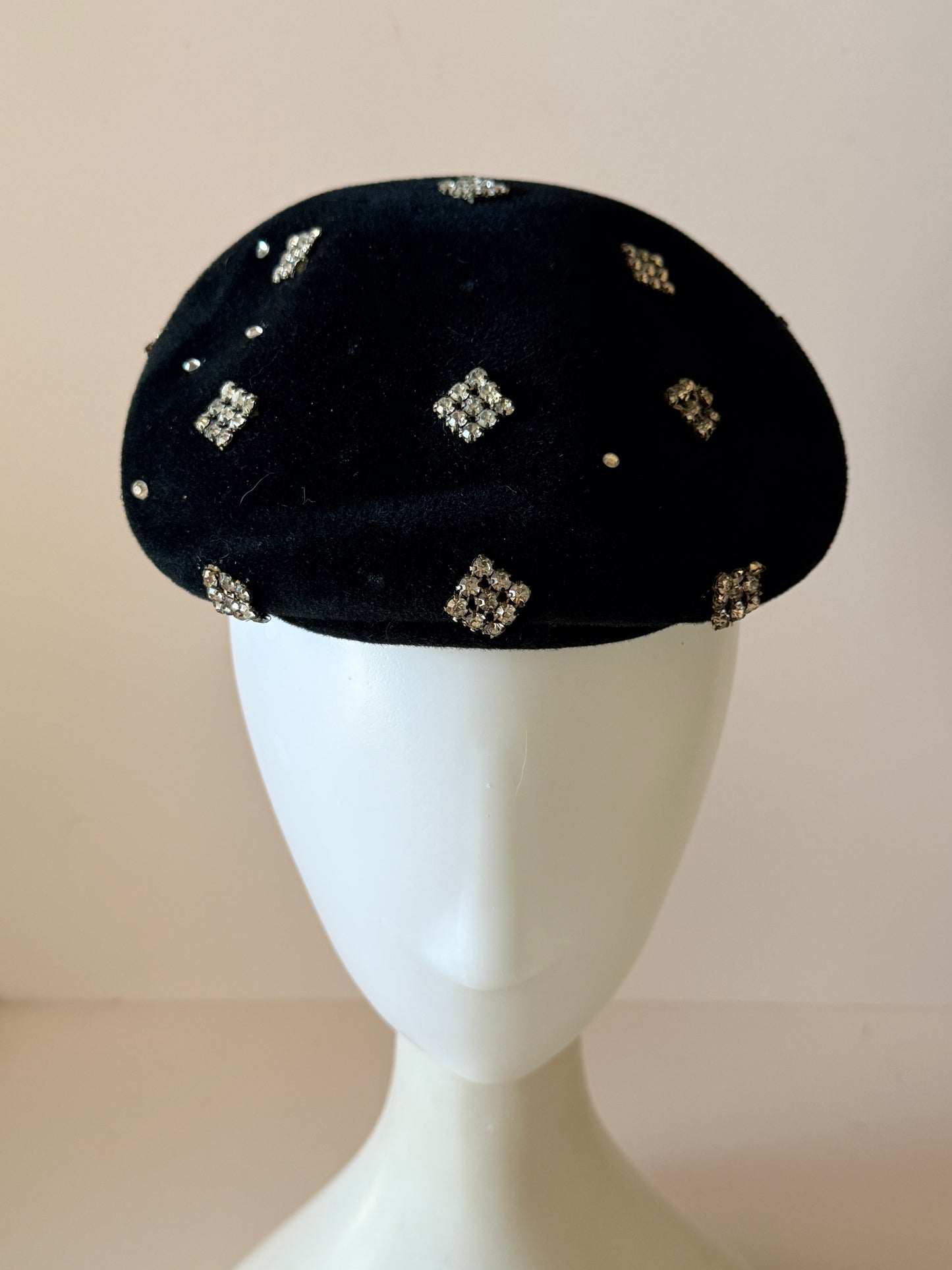 Versailles Black Wool Half Hat Beret | Made in France Rhinestone Small Beret Look | Vintage French Designer Hat | Paris Style