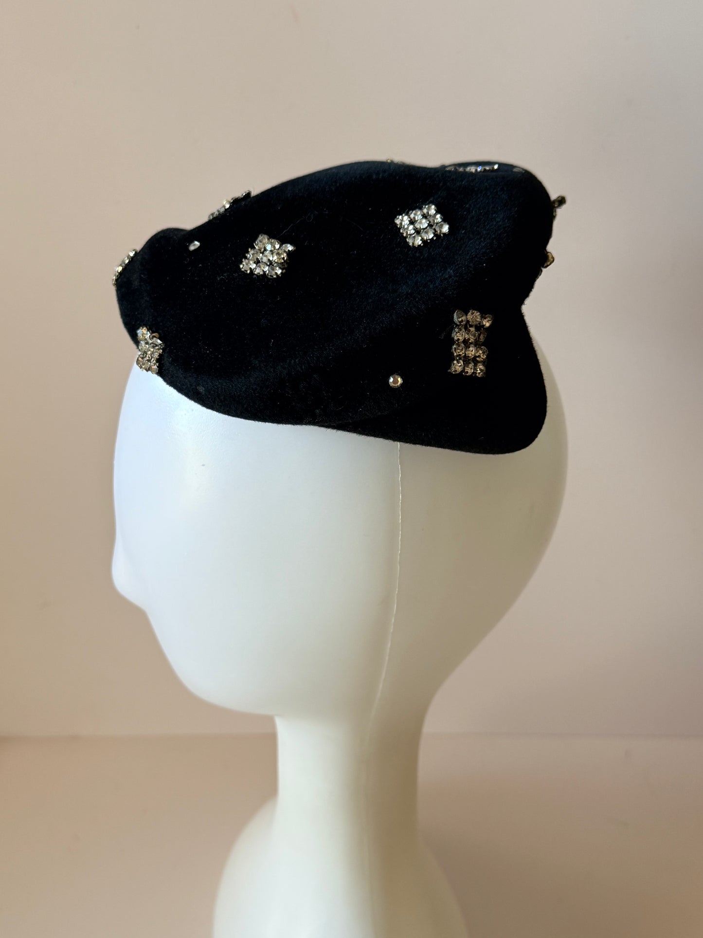 Versailles Black Wool Half Hat Beret | Made in France Rhinestone Small Beret Look | Vintage French Designer Hat | Paris Style