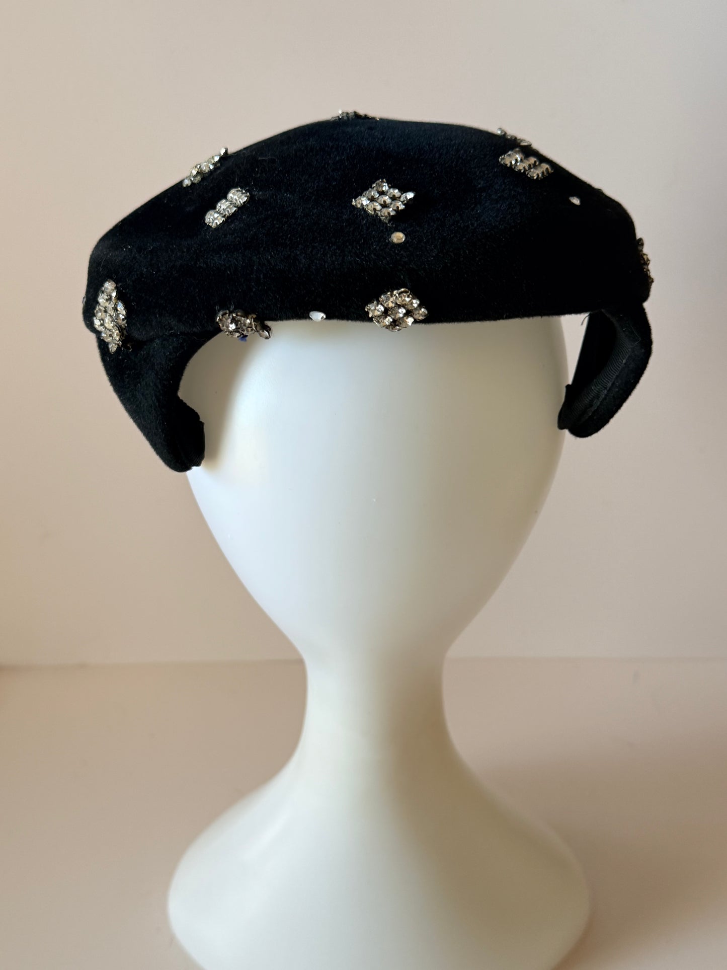 Versailles Black Wool Half Hat Beret | Made in France Rhinestone Small Beret Look | Vintage French Designer Hat | Paris Style