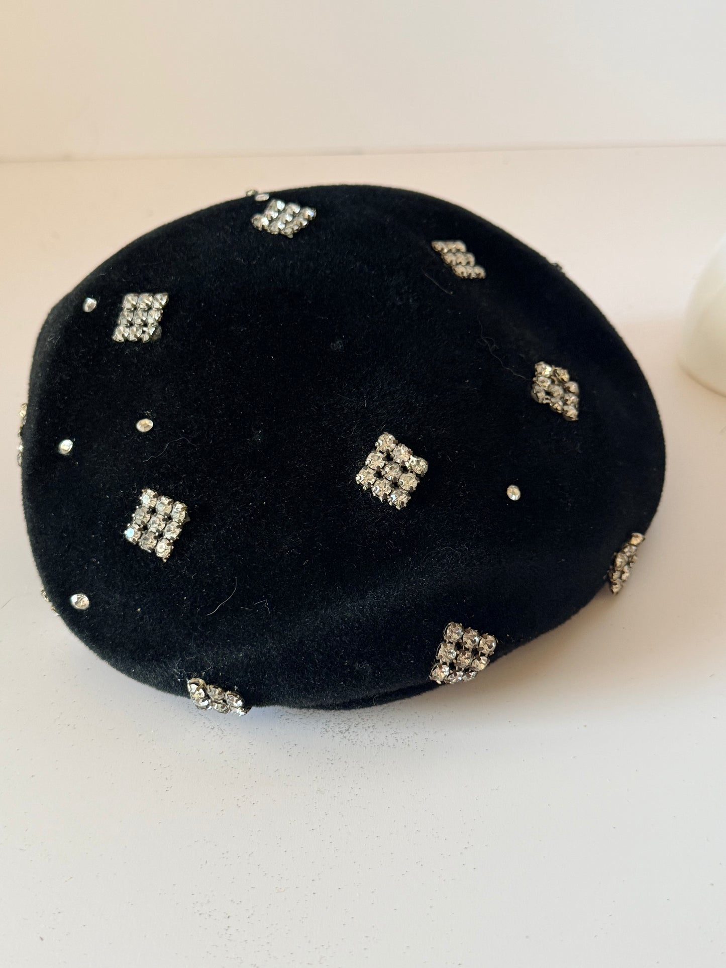 Versailles Black Wool Half Hat Beret | Made in France Rhinestone Small Beret Look | Vintage French Designer Hat | Paris Style