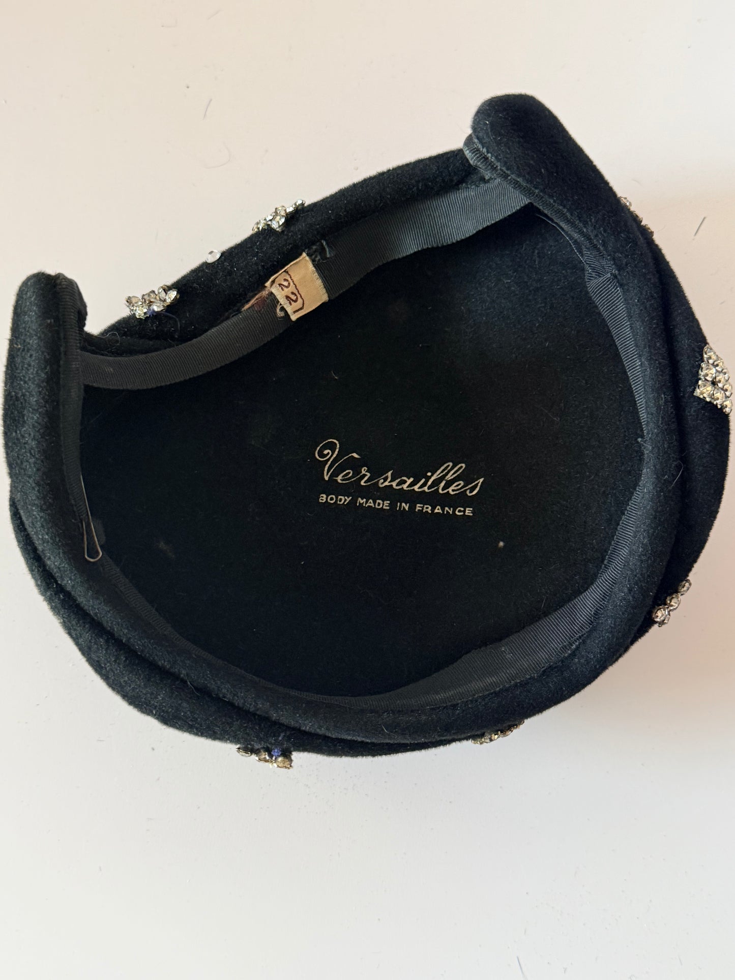 Versailles Black Wool Half Hat Beret | Made in France Rhinestone Small Beret Look | Vintage French Designer Hat | Paris Style
