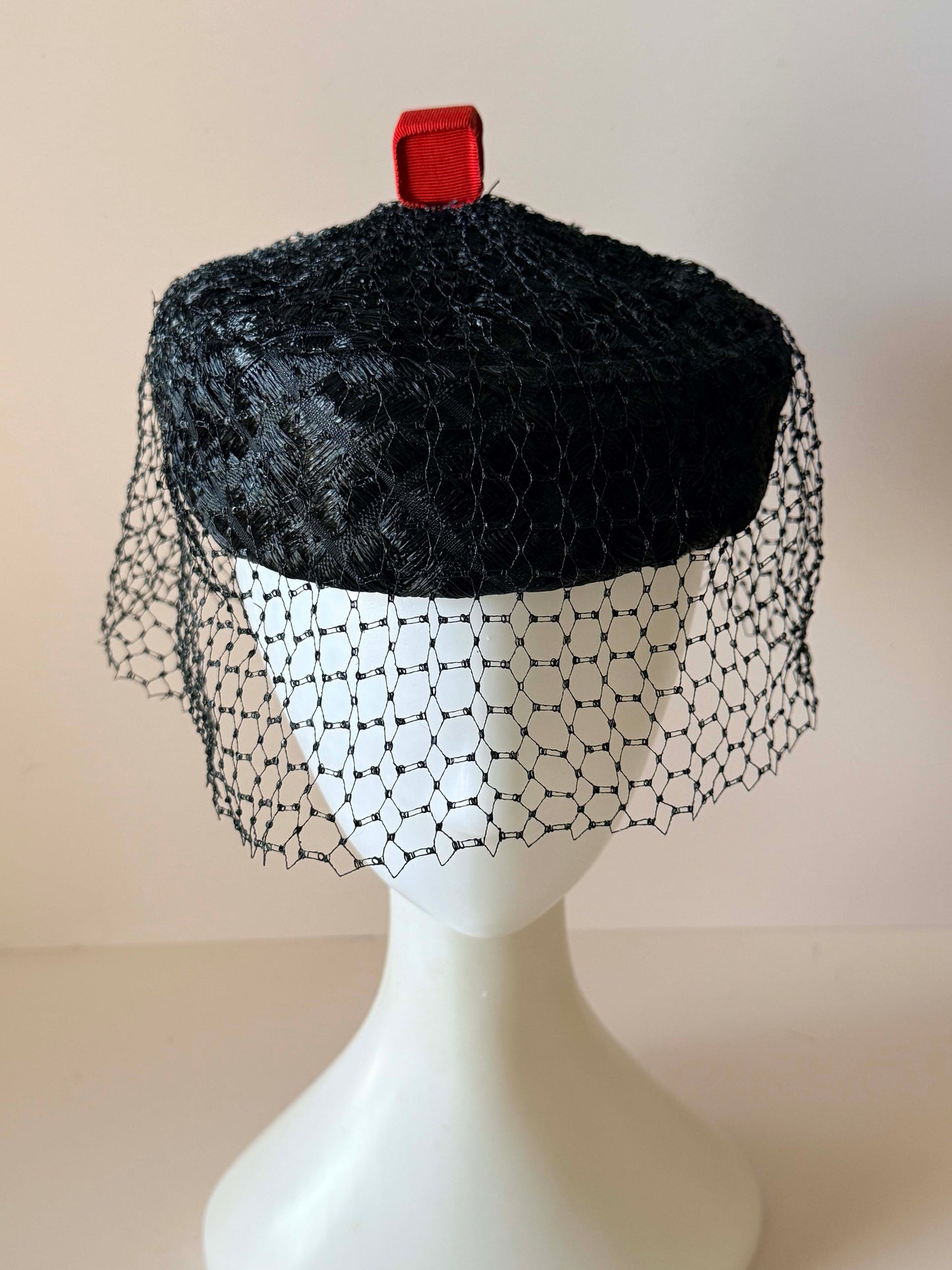 Mr. John Classic Black Pillbox Hat | Vintage Veiled Cocktail Hat | Designer Straw Hat | 1960s New York Paris