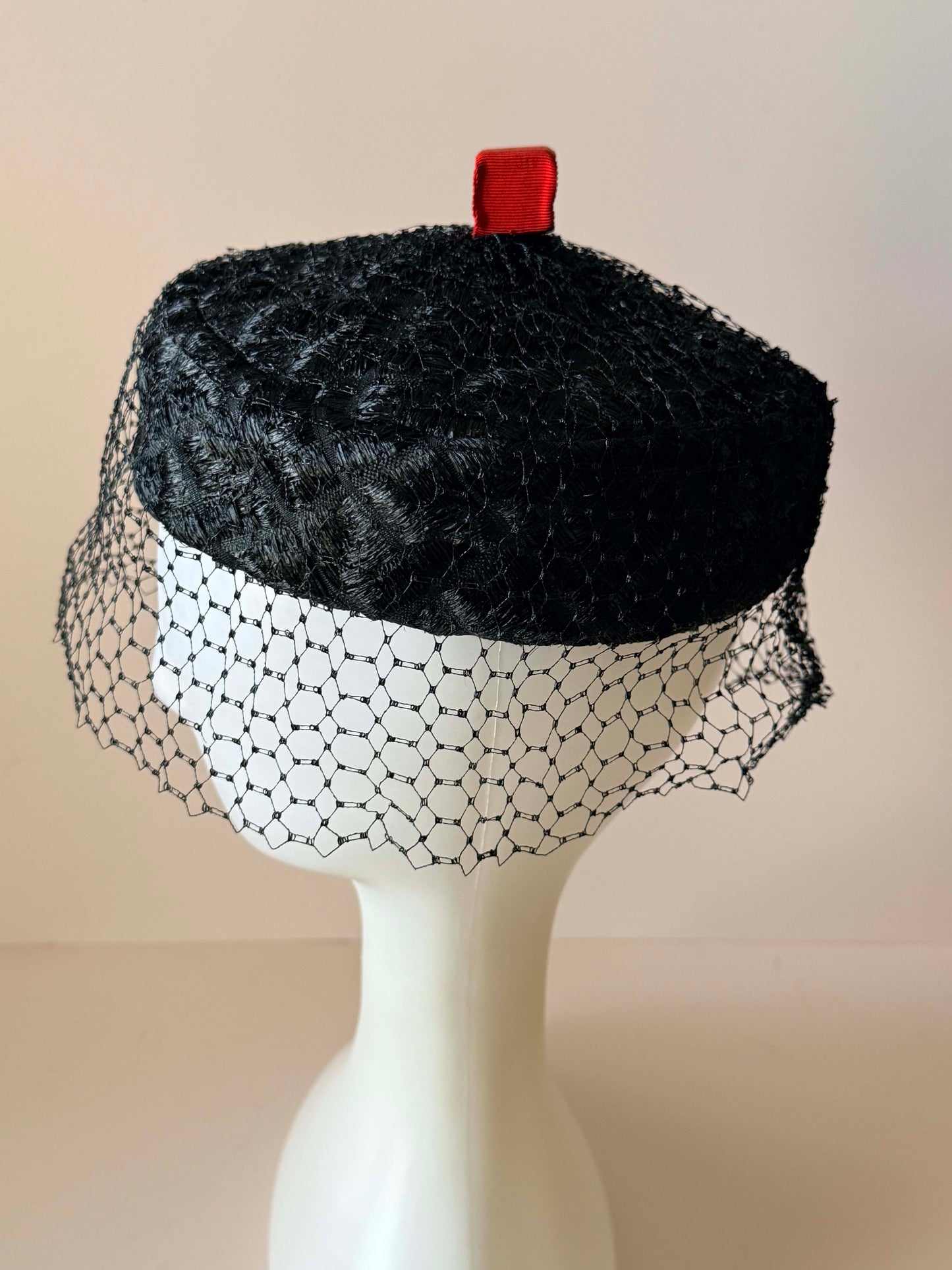 Mr. John Classic Black Pillbox Hat | Vintage Veiled Cocktail Hat | Designer Straw Hat | 1960s New York Paris