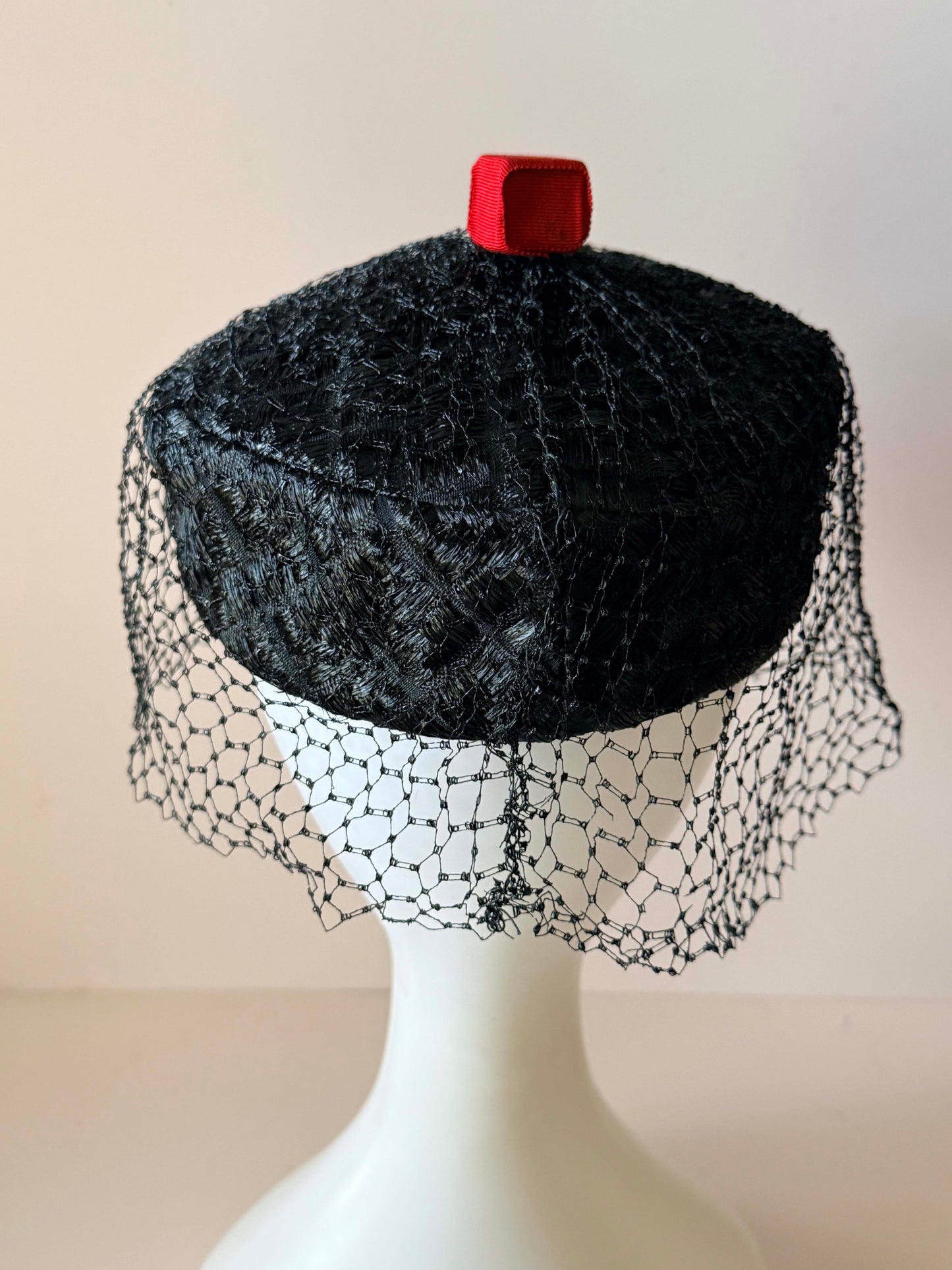 Mr. John Classic Black Pillbox Hat | Vintage Veiled Cocktail Hat | Designer Straw Hat | 1960s New York Paris