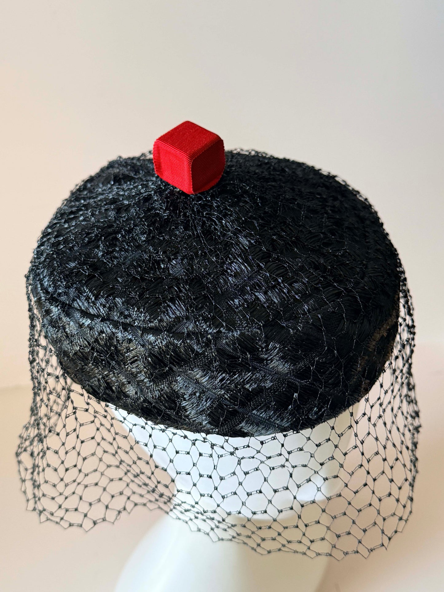 Mr. John Classic Black Pillbox Hat | Vintage Veiled Cocktail Hat | Designer Straw Hat | 1960s New York Paris