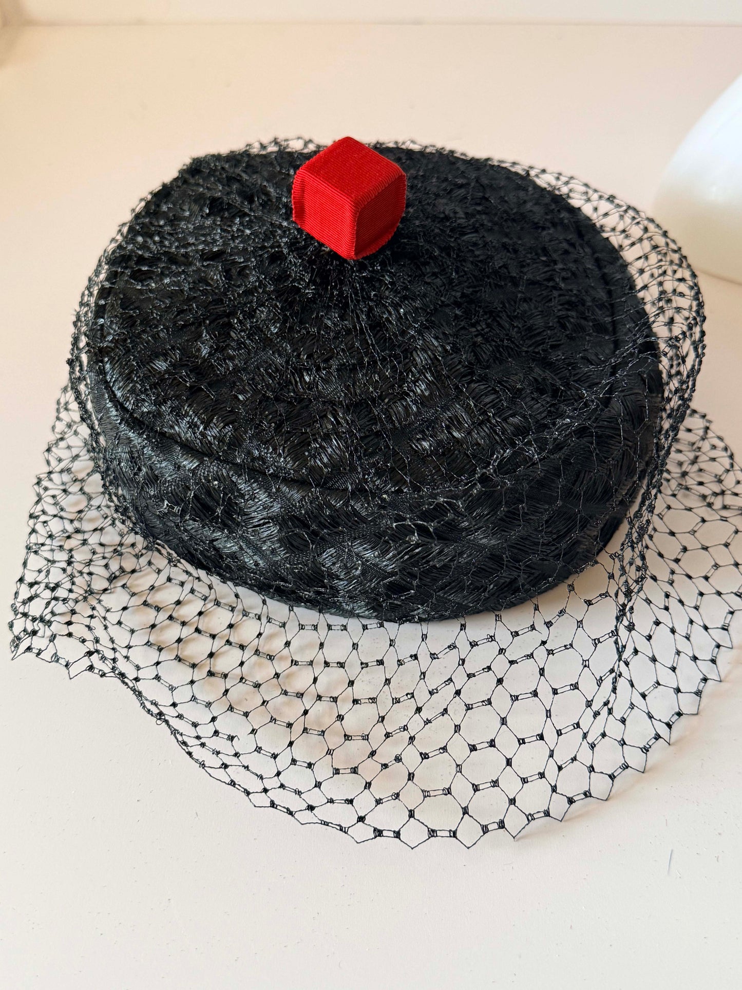 Mr. John Classic Black Pillbox Hat | Vintage Veiled Cocktail Hat | Designer Straw Hat | 1960s New York Paris