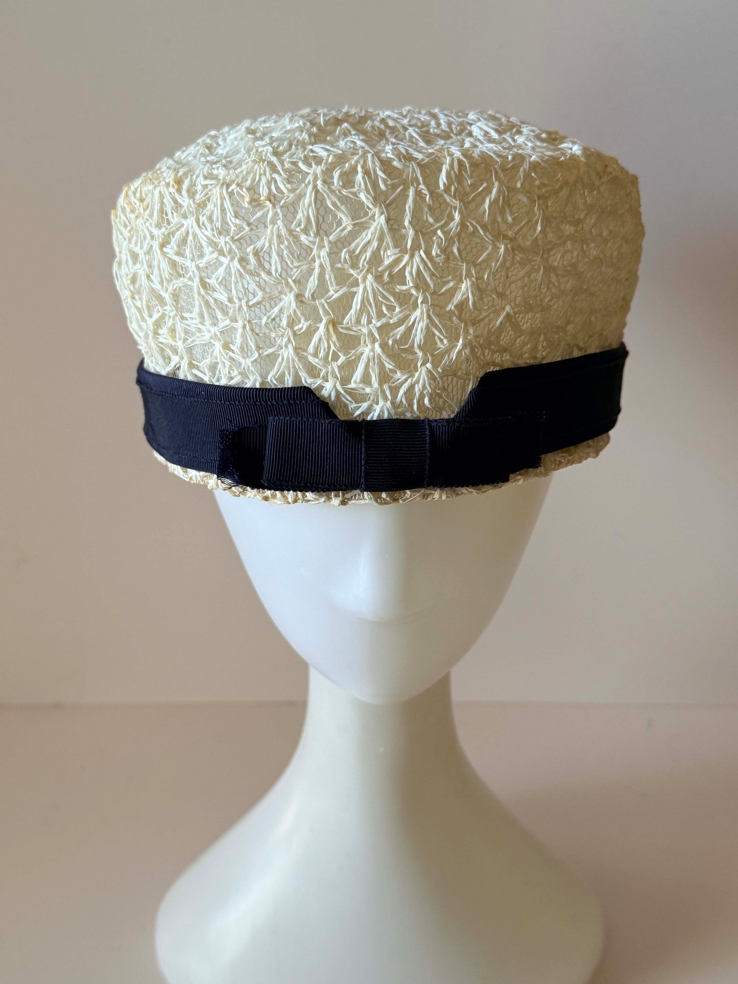 Vintage Ivory Straw Pillbox Hat | Openwork Summer Hat | Black Grosgrain Trim | 1960s The Flisbee Co. Cleveland