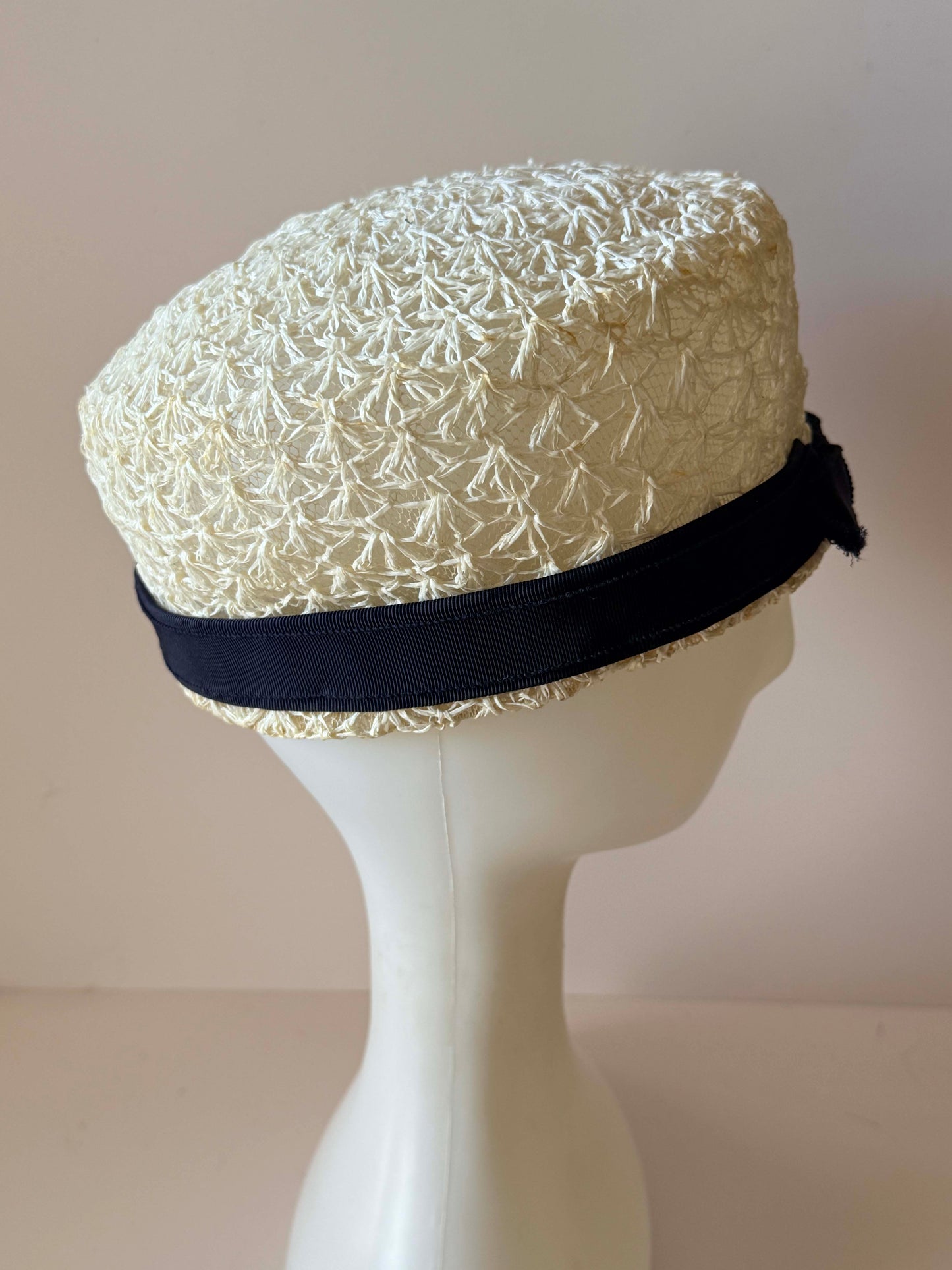 Vintage Ivory Straw Pillbox Hat | Openwork Summer Hat | Black Grosgrain Trim | 1960s The Flisbee Co. Cleveland