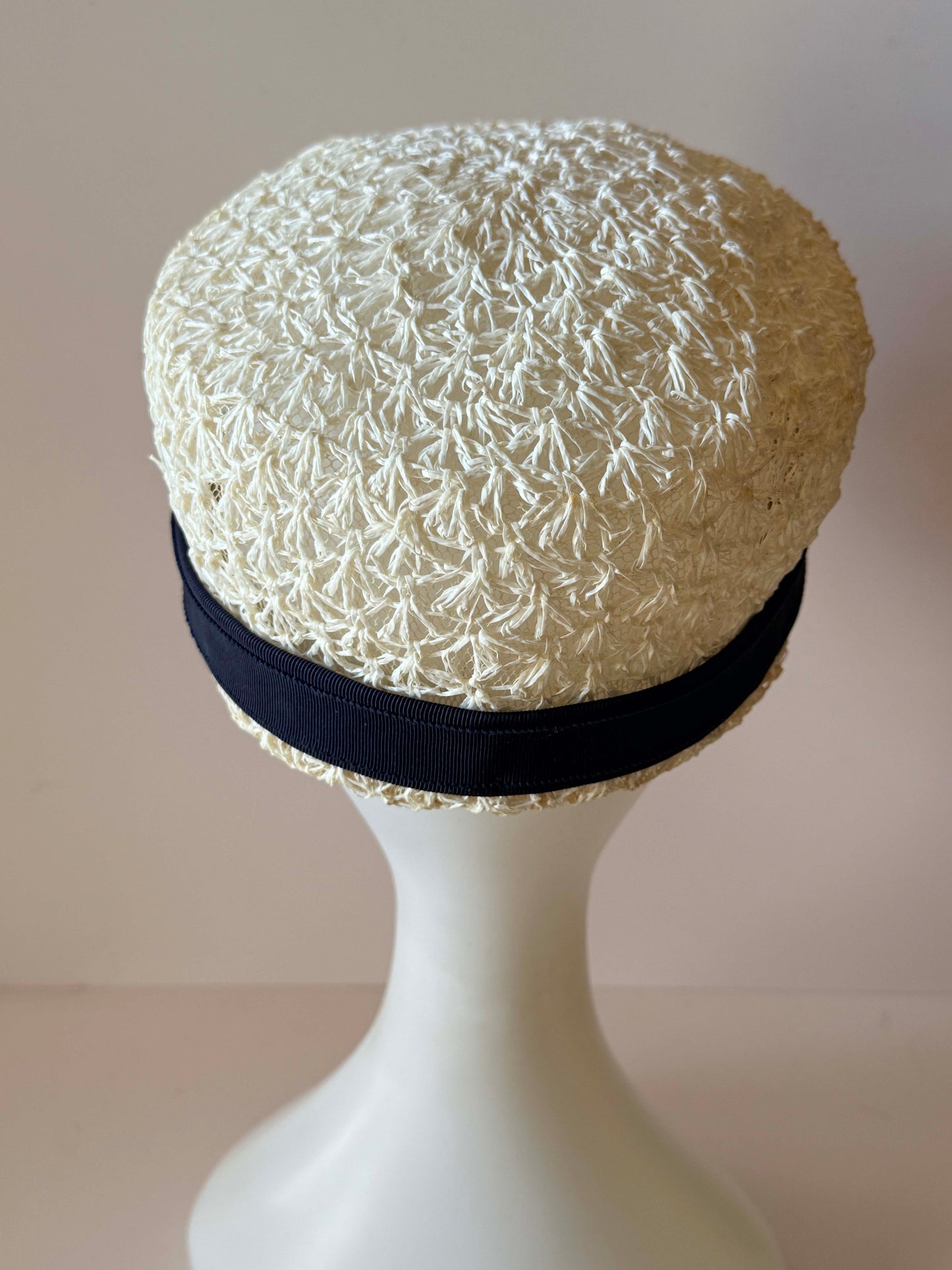 Vintage Ivory Straw Pillbox Hat | Openwork Summer Hat | Black Grosgrain Trim | 1960s The Flisbee Co. Cleveland