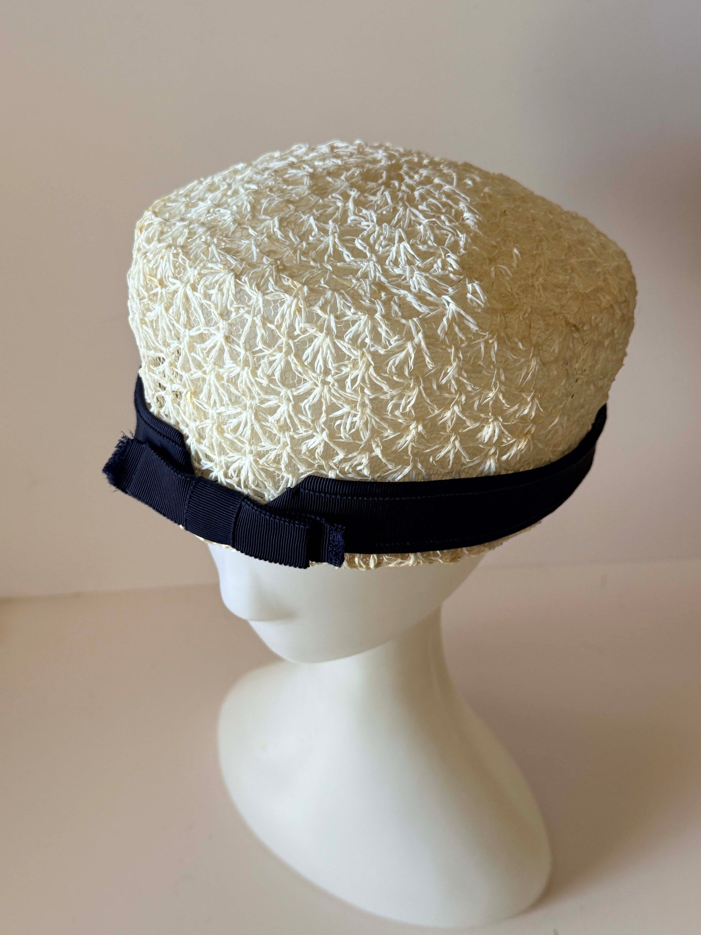 Vintage Ivory Straw Pillbox Hat | Openwork Summer Hat | Black Grosgrain Trim | 1960s The Flisbee Co. Cleveland