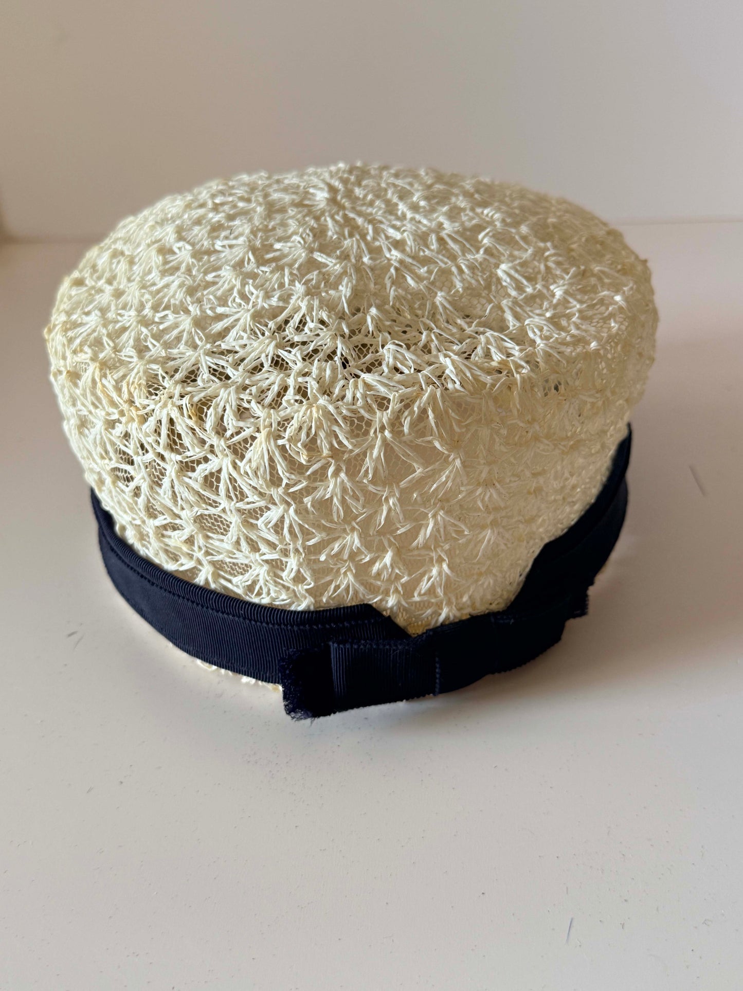 Vintage Ivory Straw Pillbox Hat | Openwork Summer Hat | Black Grosgrain Trim | 1960s The Flisbee Co. Cleveland