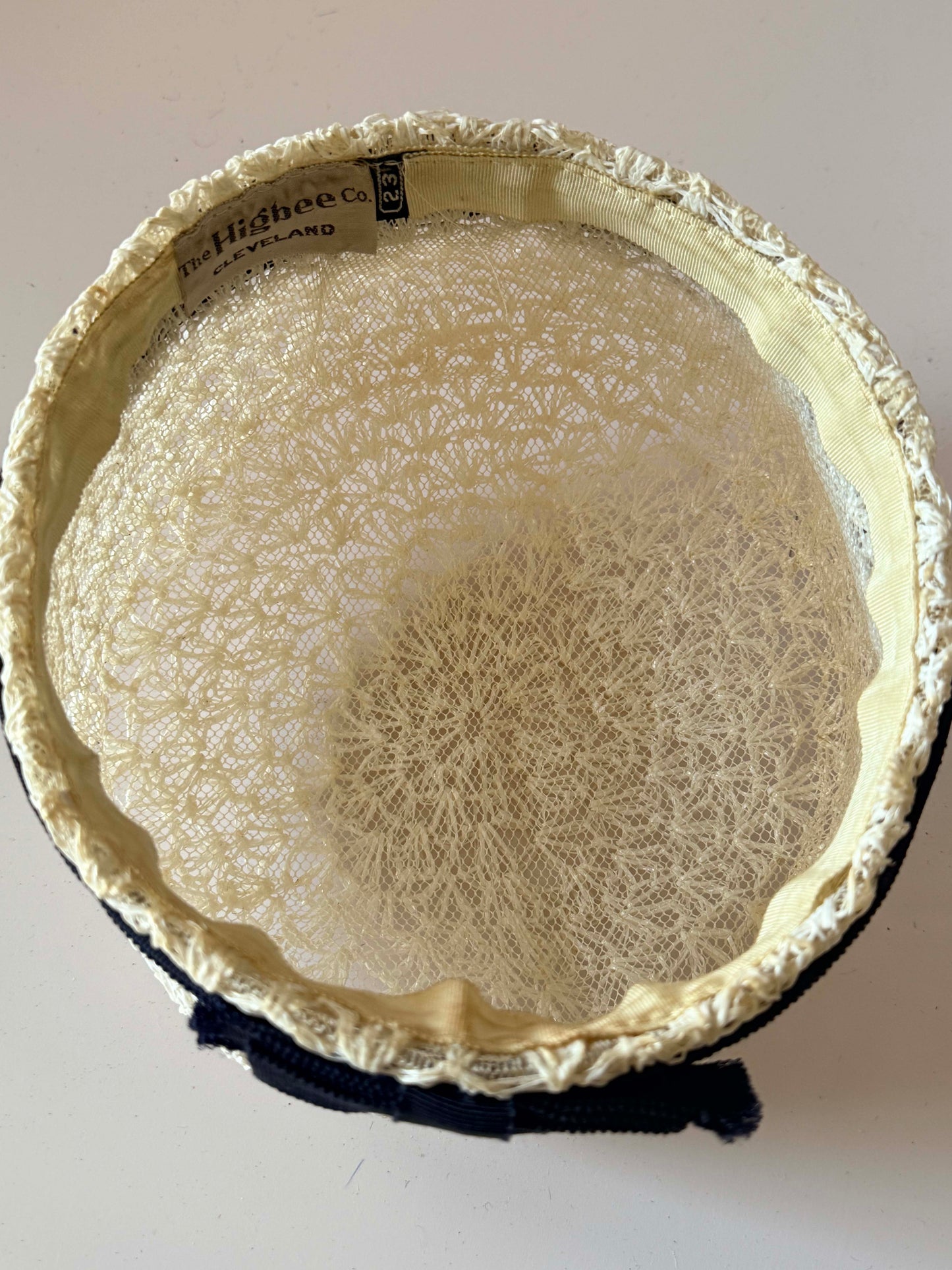 Vintage Ivory Straw Pillbox Hat | Openwork Summer Hat | Black Grosgrain Trim | 1960s The Flisbee Co. Cleveland