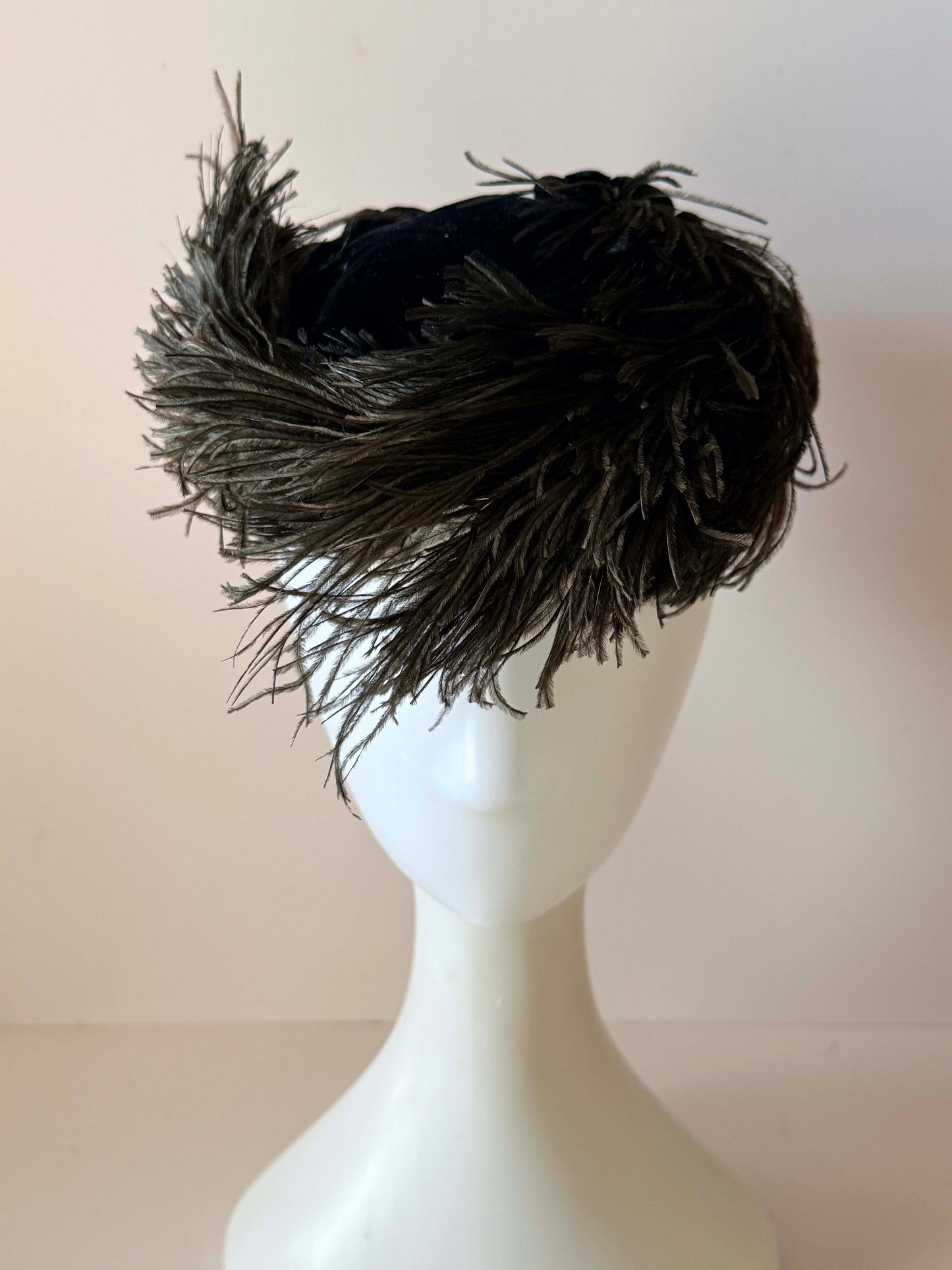 Vintage Bloomingdale's Black Velvet Cocktail Hat | Ostrich Feather Fascinator | 1950s 1960s Evening Hat | Designer Millinery