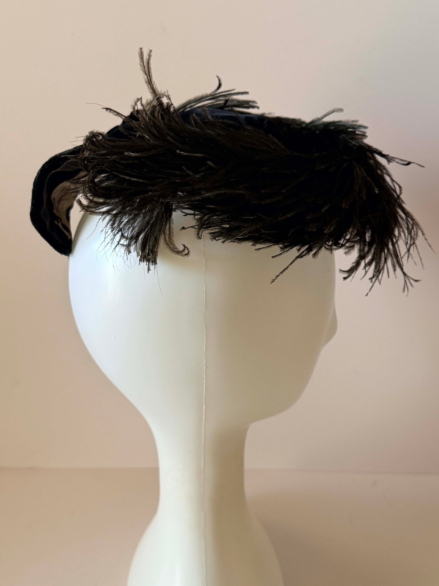 Vintage Bloomingdale's Black Velvet Cocktail Hat | Ostrich Feather Fascinator | 1950s 1960s Evening Hat | Designer Millinery