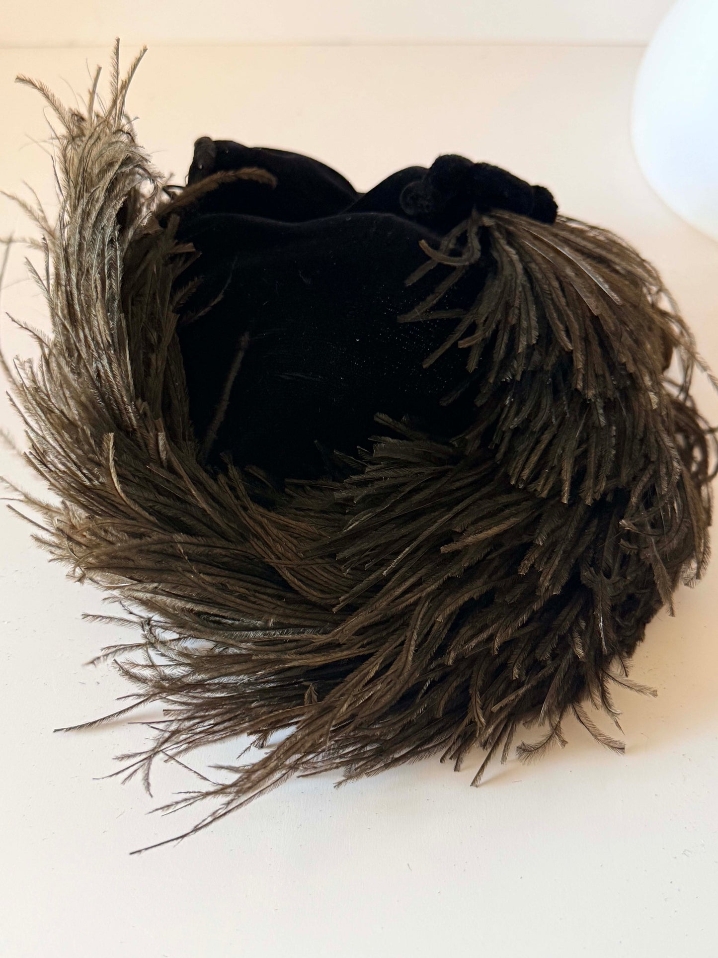 Vintage Bloomingdale's Black Velvet Cocktail Hat | Ostrich Feather Fascinator | 1950s 1960s Evening Hat | Designer Millinery
