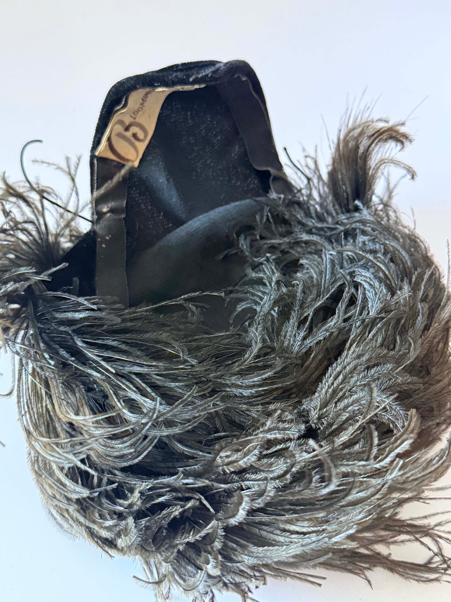 Vintage Bloomingdale's Black Velvet Cocktail Hat | Ostrich Feather Fascinator | 1950s 1960s Evening Hat | Designer Millinery
