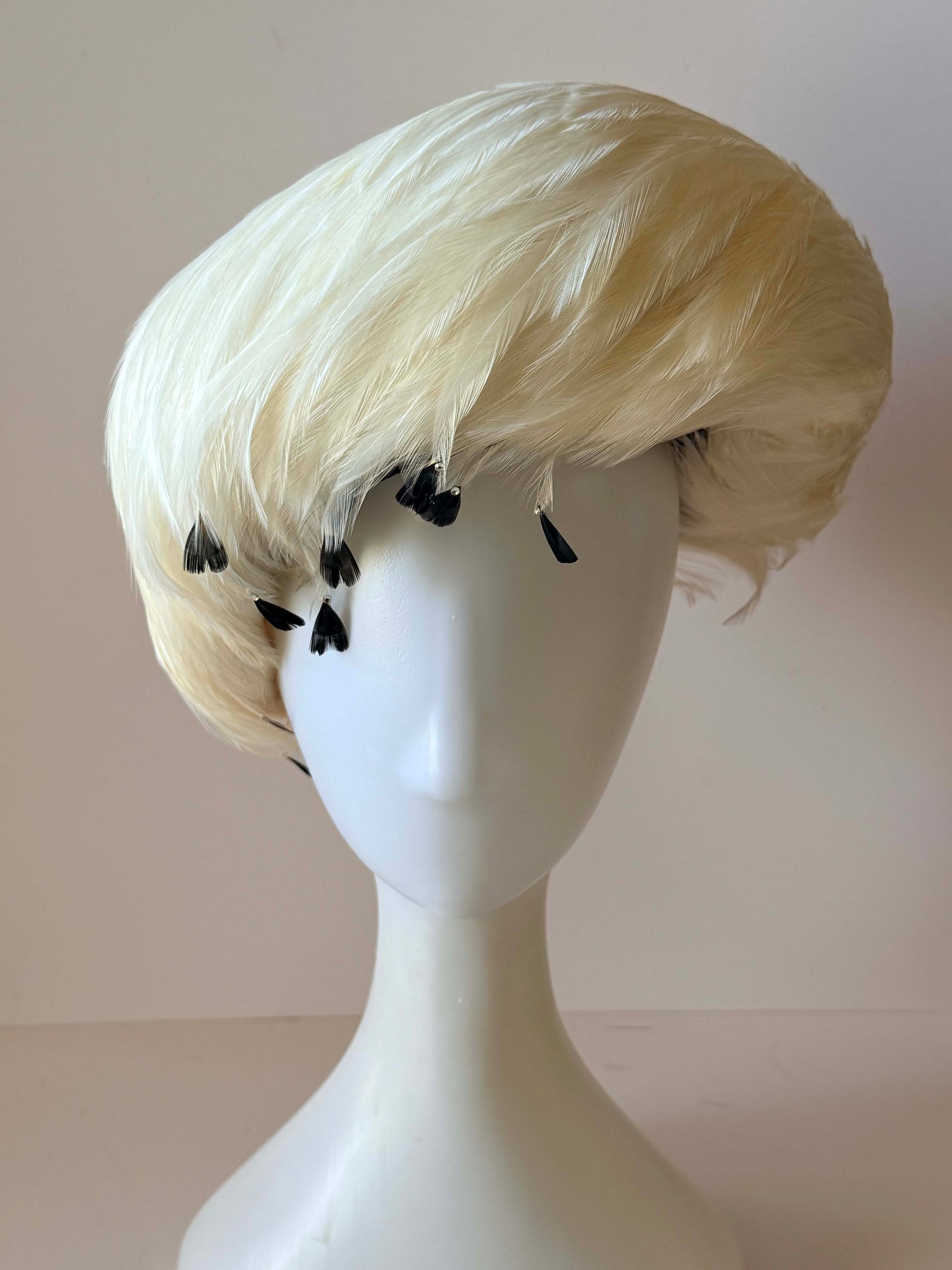Vintage Jack McConnell White Feather Hat | Couture Feather Fascinator | Ivory Cocktail Hat | Designer Vintage Millinery